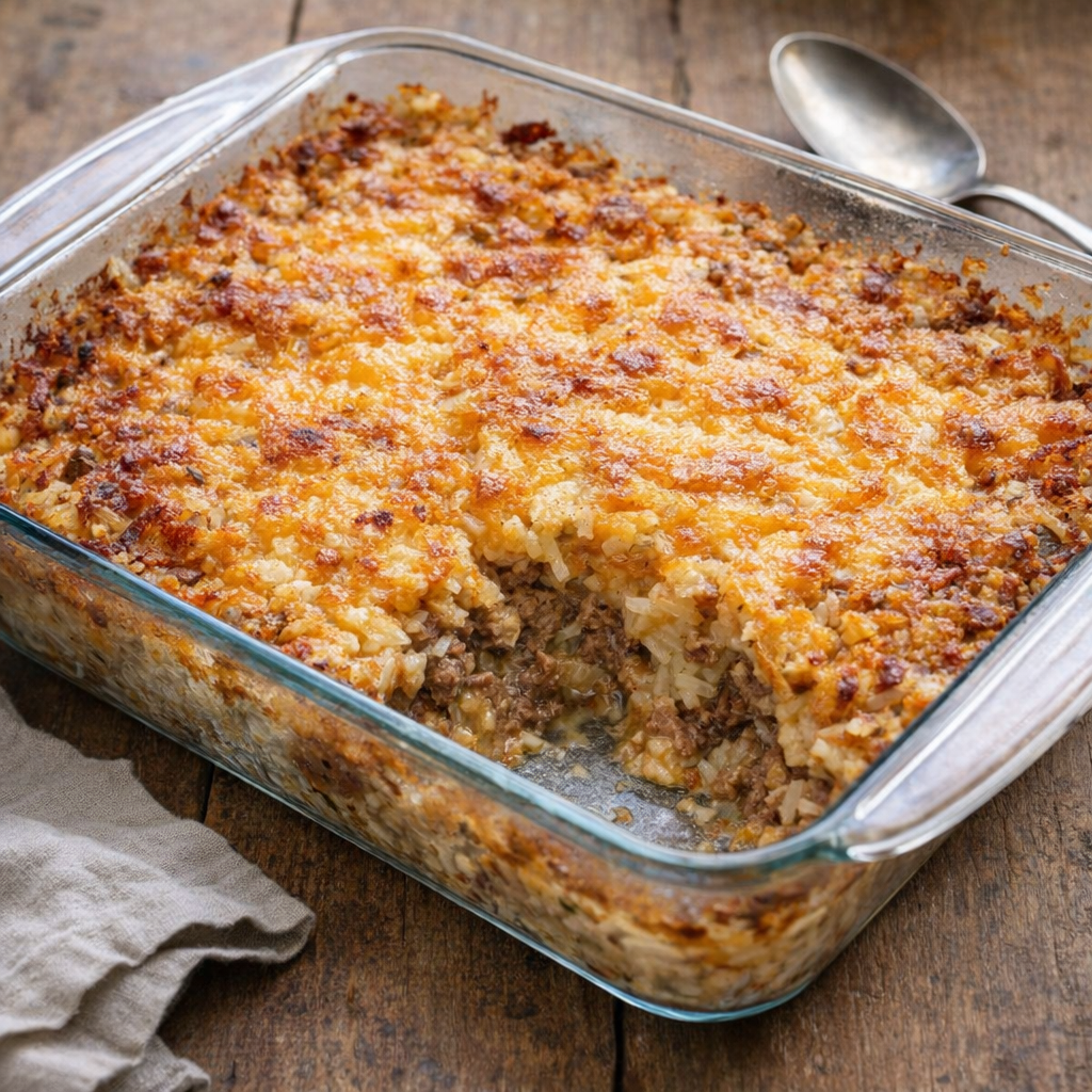 Freshly baked casserole in a glass dish on a farmhouse table