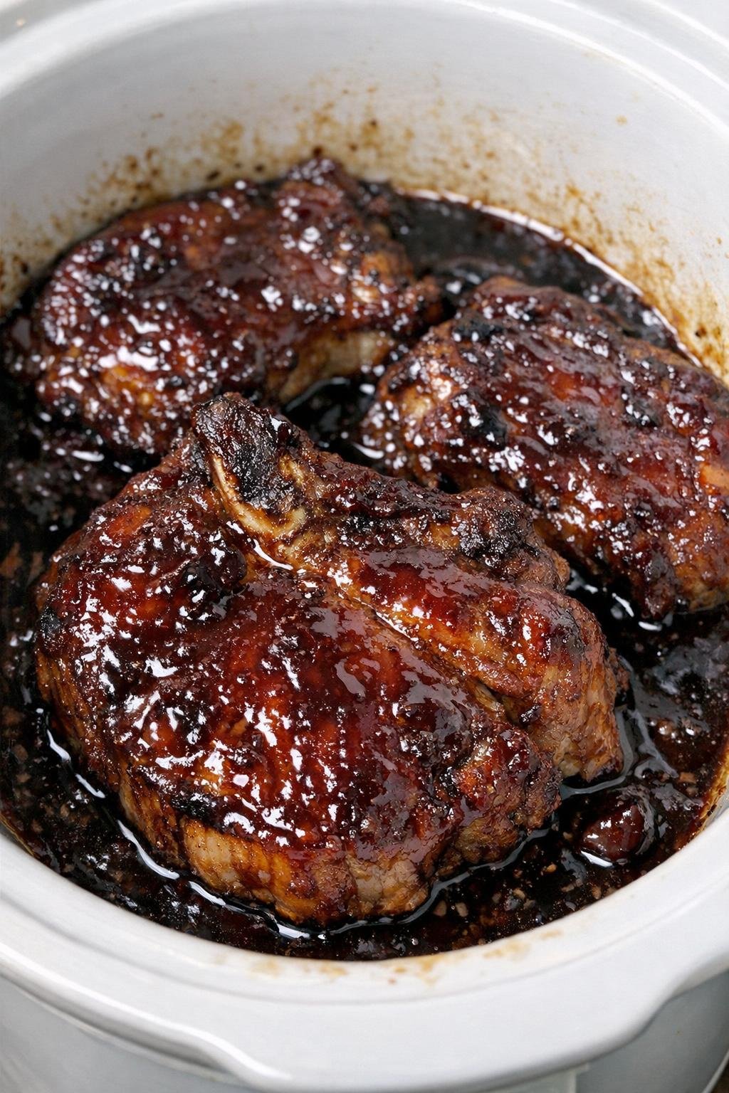 Slow cooker cherry cola pork chops in a white slow cooker
