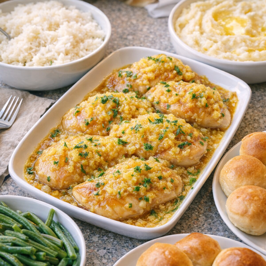 Family-style pineapple chicken dinner with kid-friendly sides