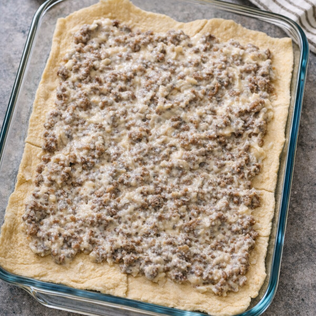Crescent dough pressed into a glass baking dish with filling spread on top