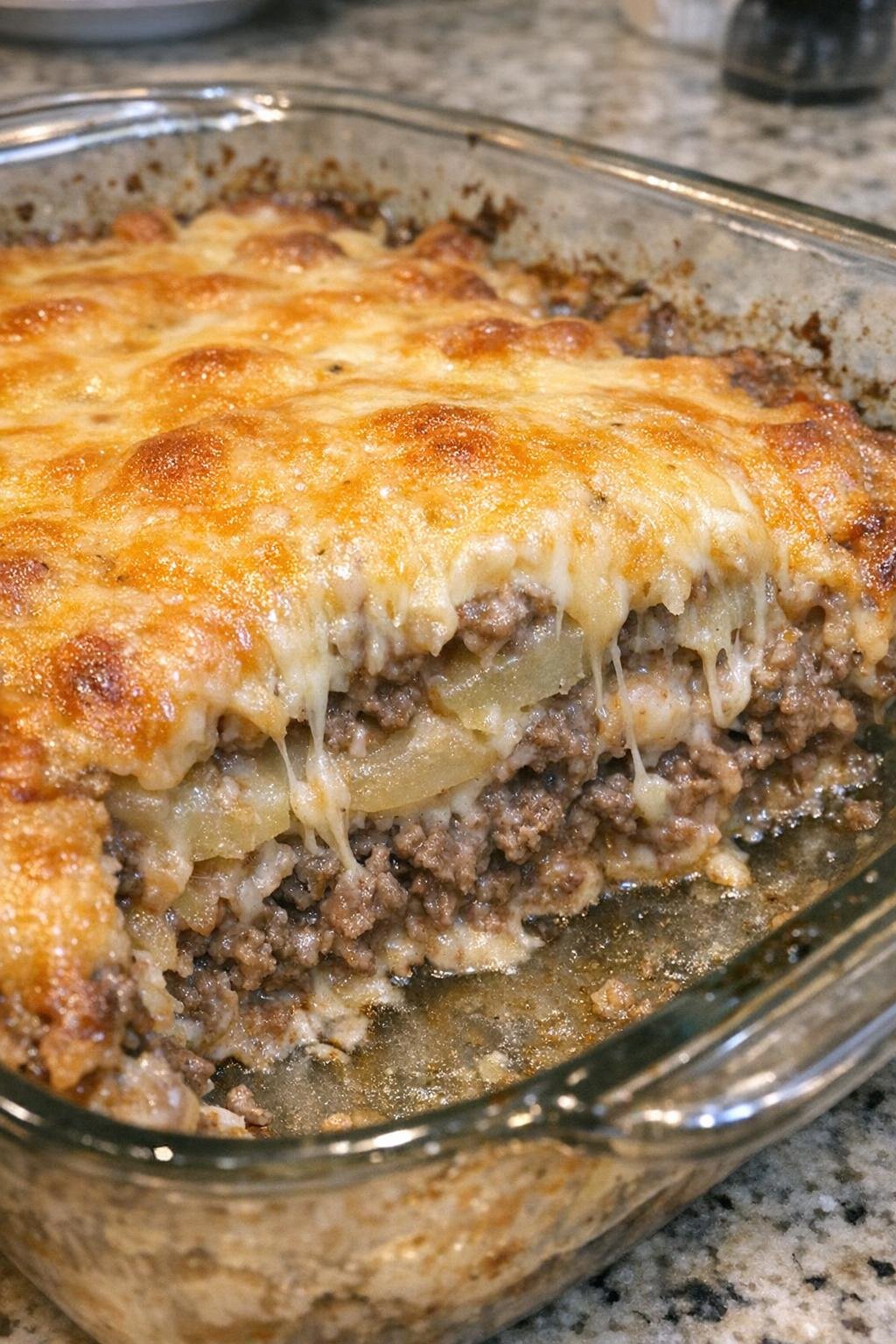 Saucy ground beef and potato bake in a glass dish