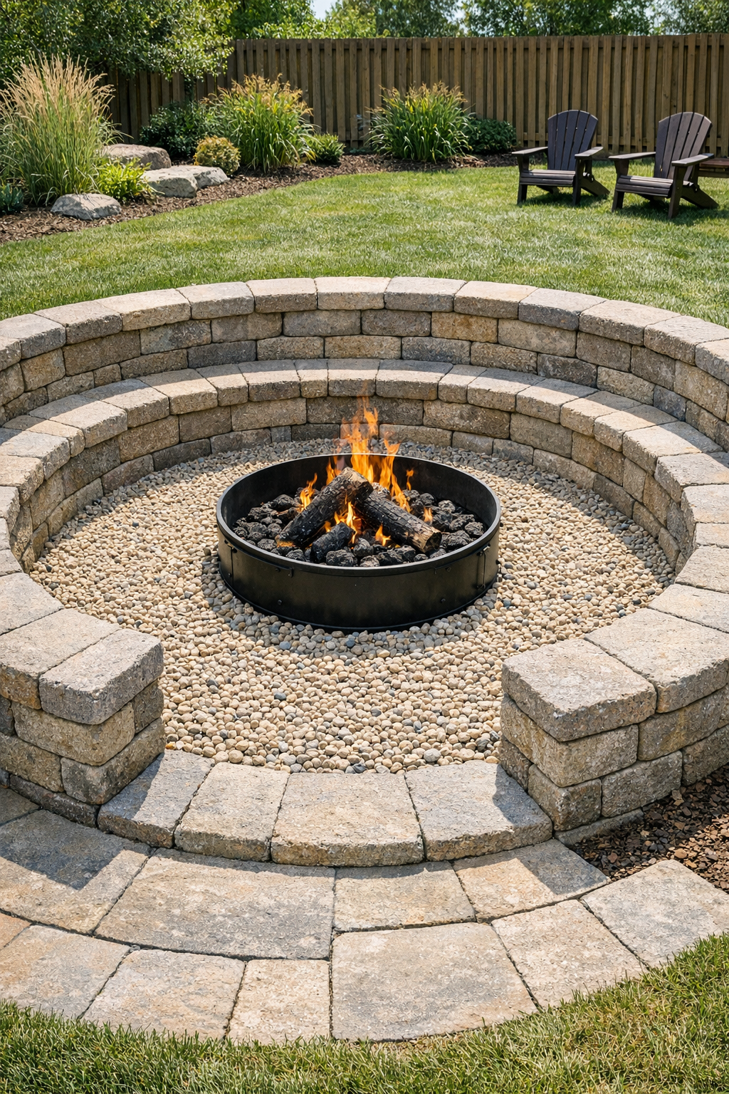 Finished sunken fire pit seating area with curved retaining wall blocks and pea gravel