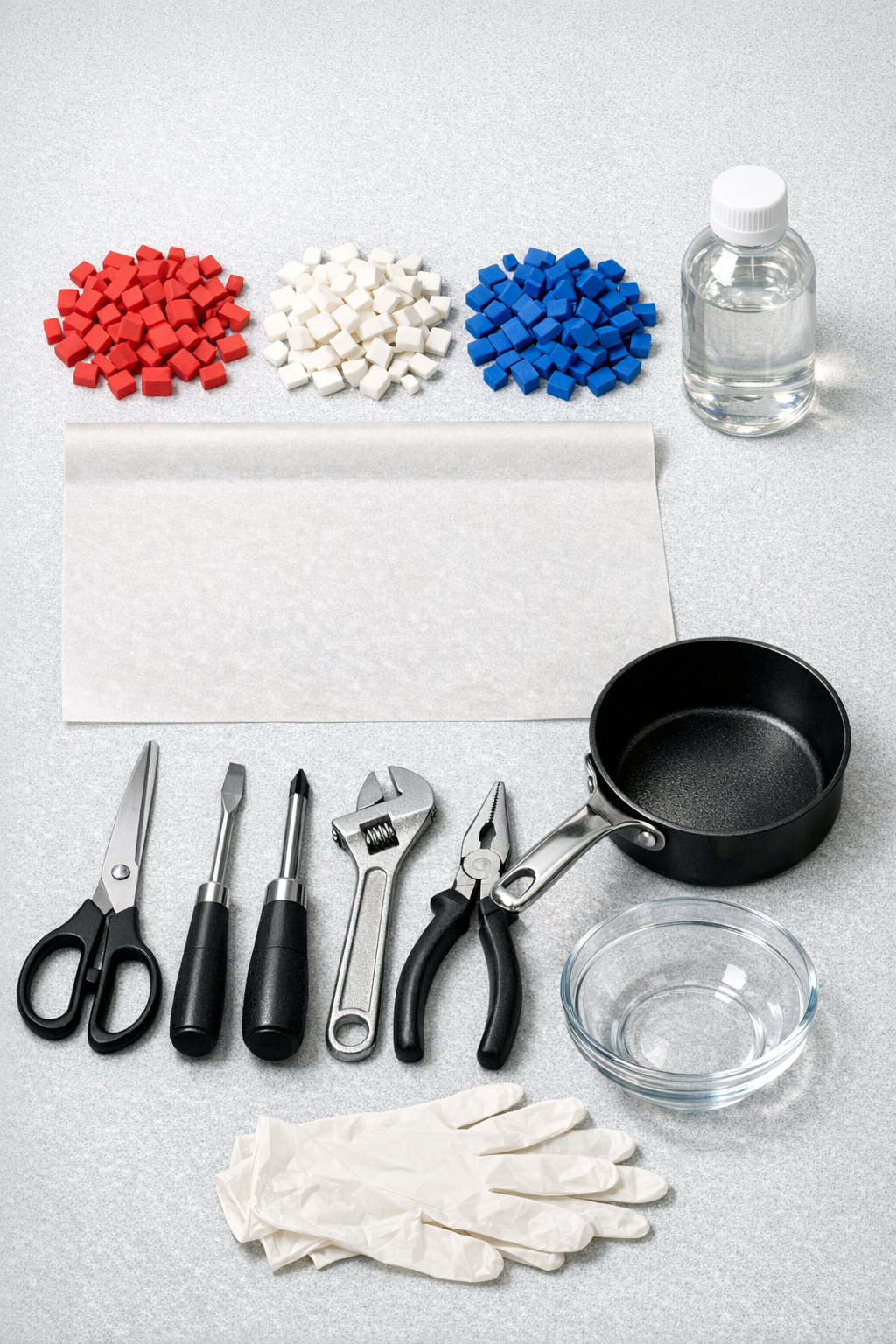 Chopped red, white, and blue rubber erasers and glycerin laid out with hand tools and basic prep supplies