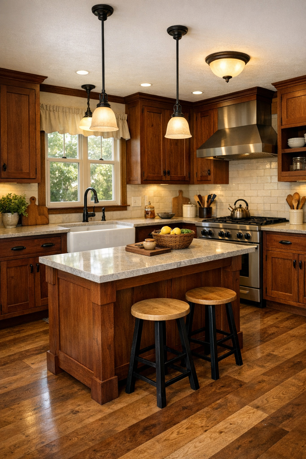 Handcrafted kitchen with cherry cabinetry, stone counters, and a practical island