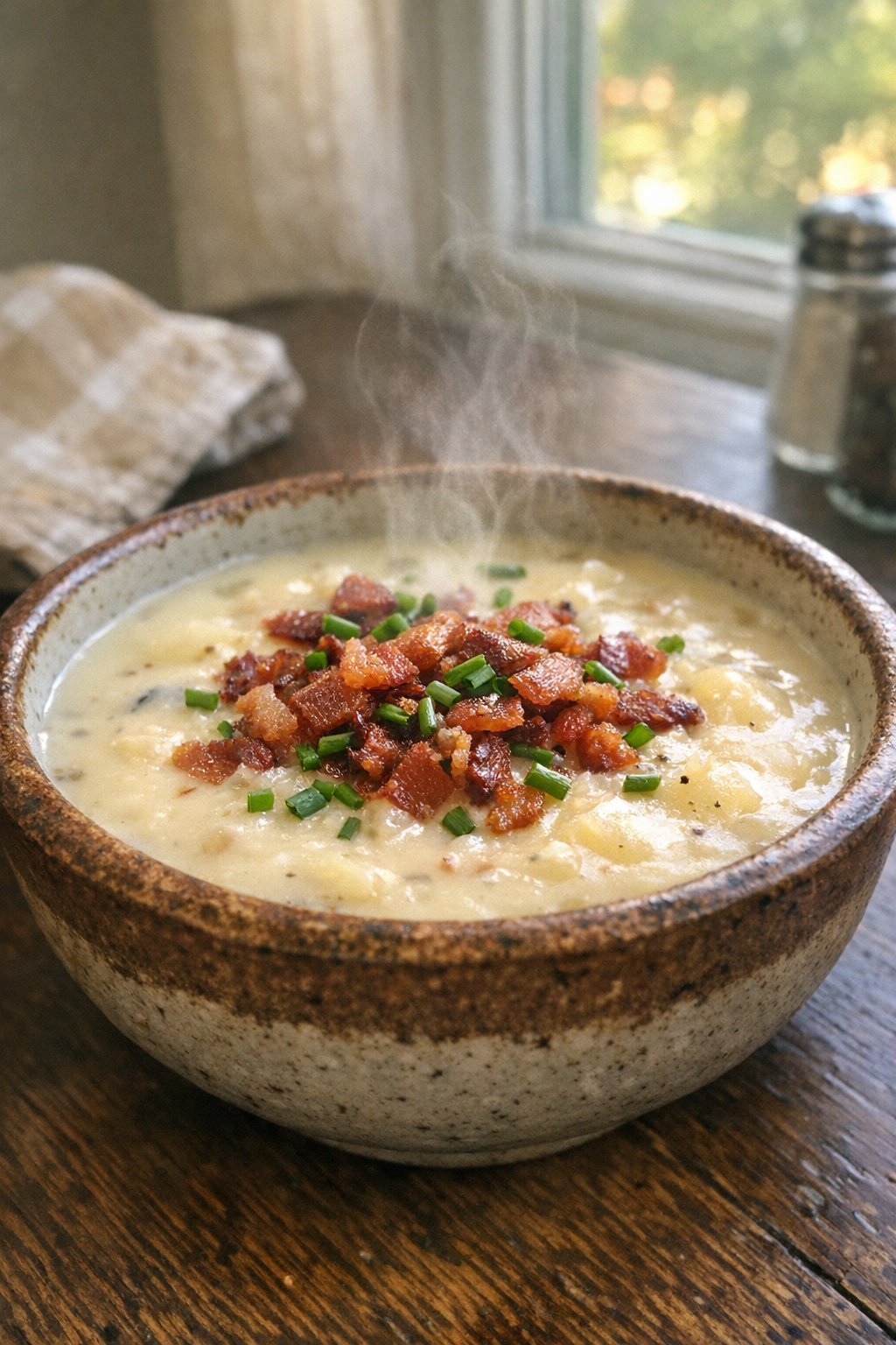 Finished bowl of velvety bacon potato soup with chives