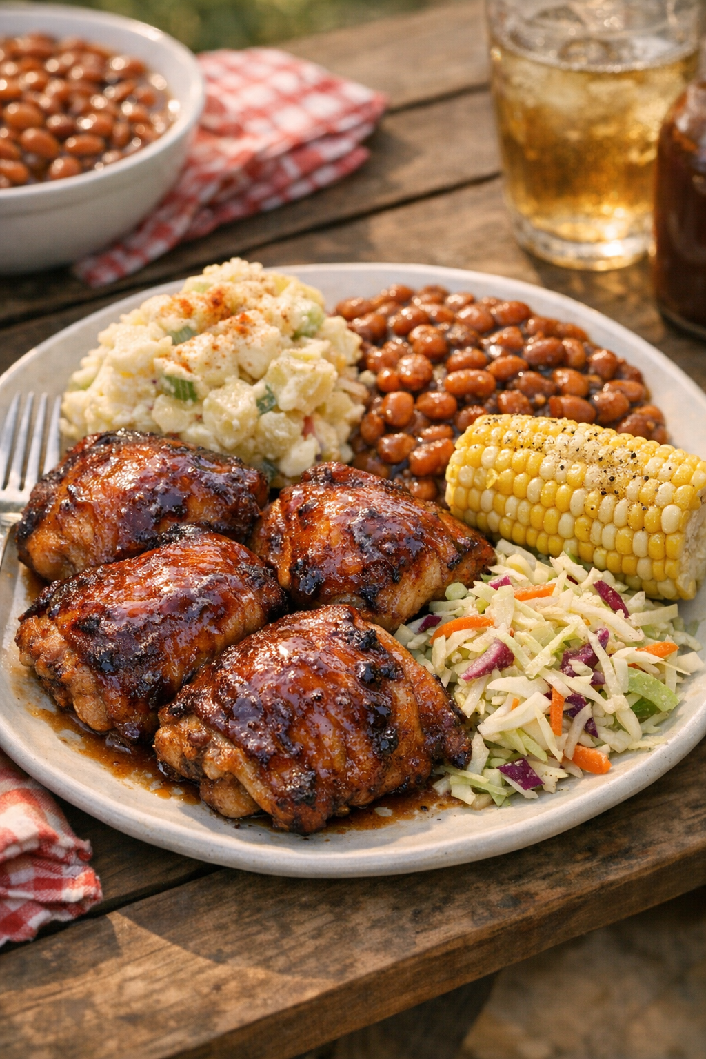 Plated glazed chicken thighs with picnic-style side dishes