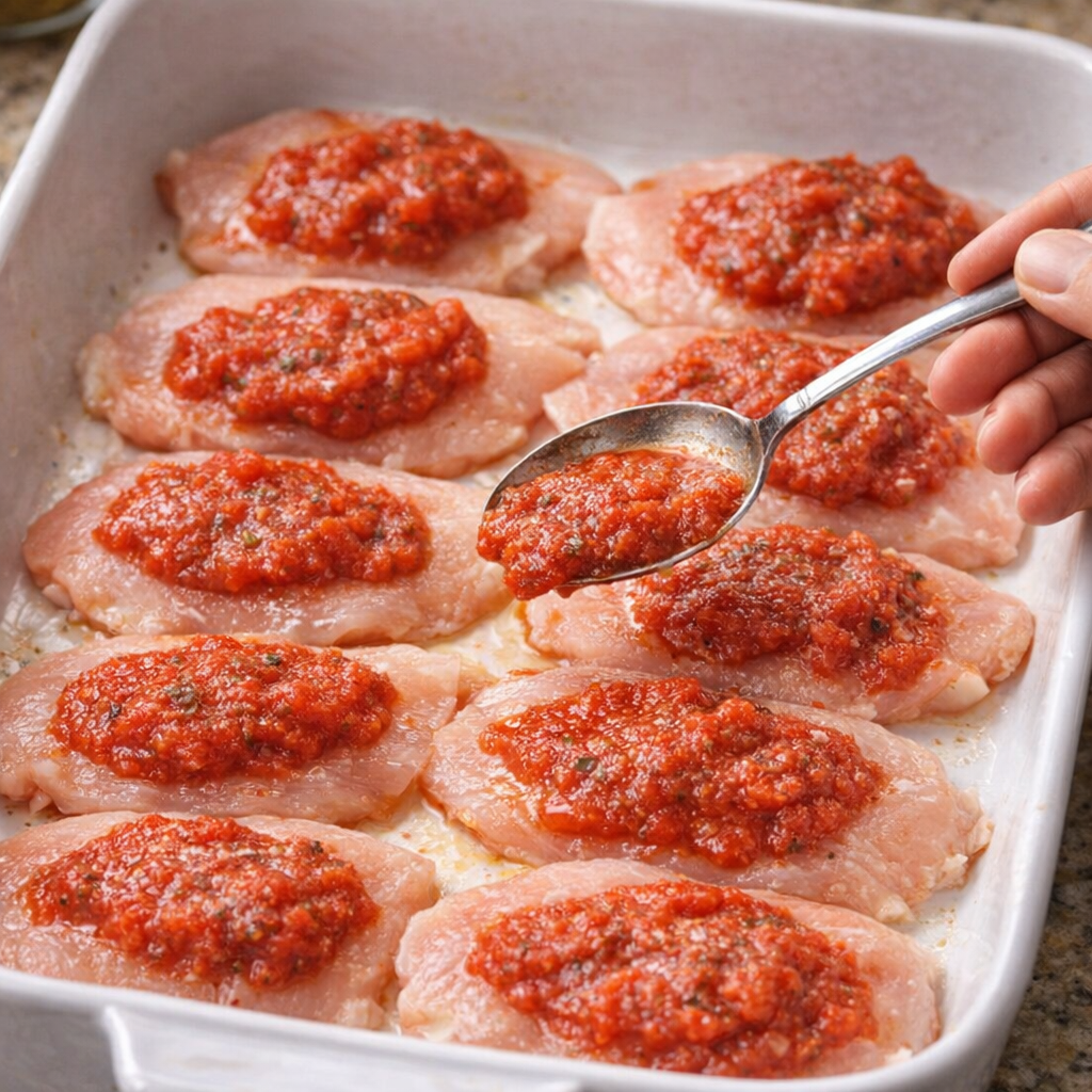 Marinara being spooned over chicken in a baking dish