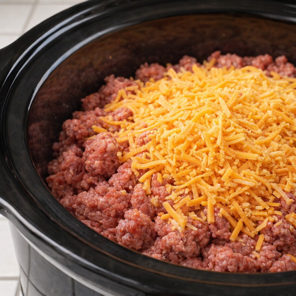Cheddar sprinkled over raw ground beef in slow cooker