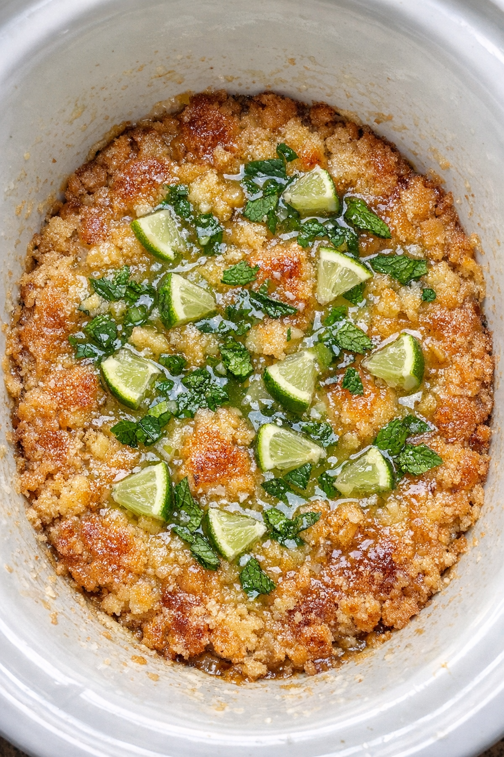 Slow cooker mint mojito dump cake in a white slow cooker