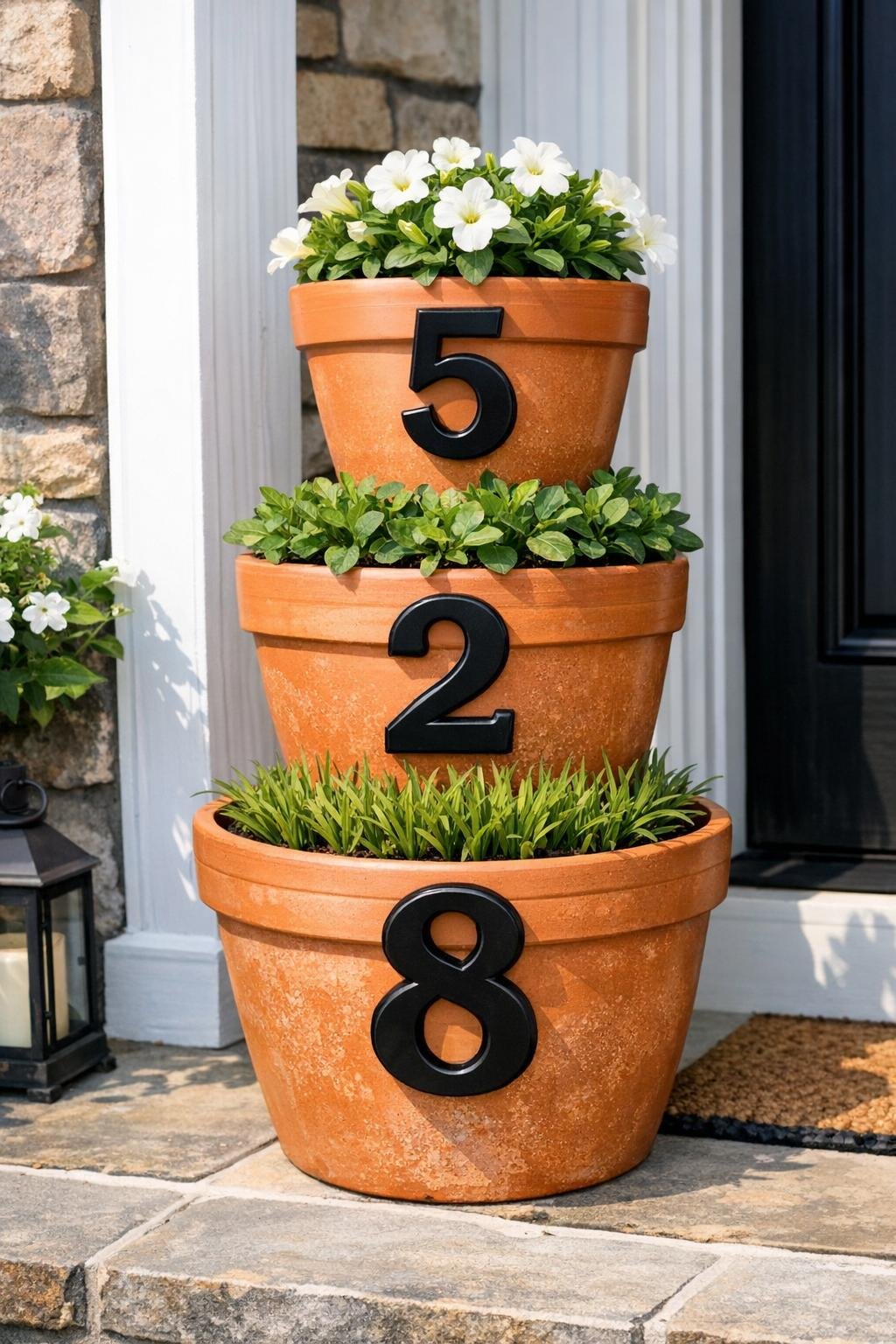Finished porch address planter made from terracotta pots with black house numbers