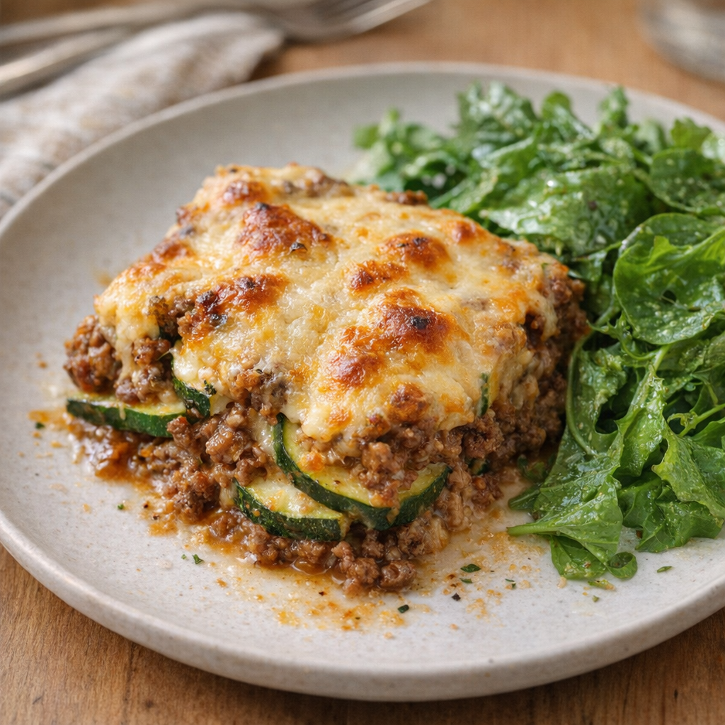 Served square of cheesy beef zucchini bake on a plate