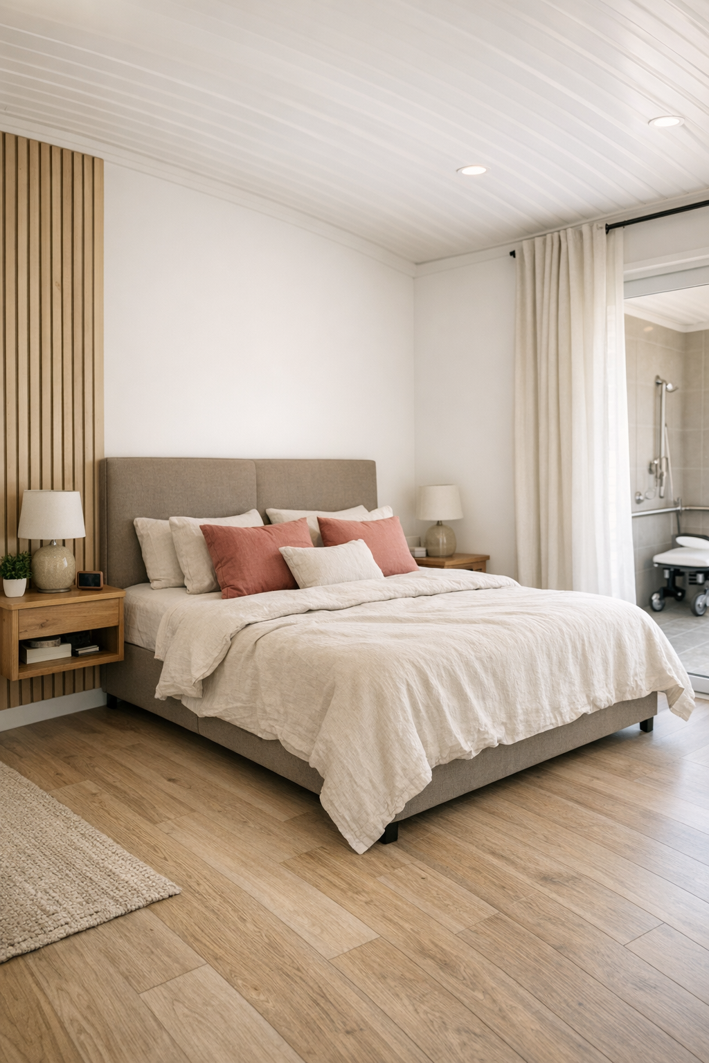 Calm bedroom with linen bedding, muted rose accents, and wood details
