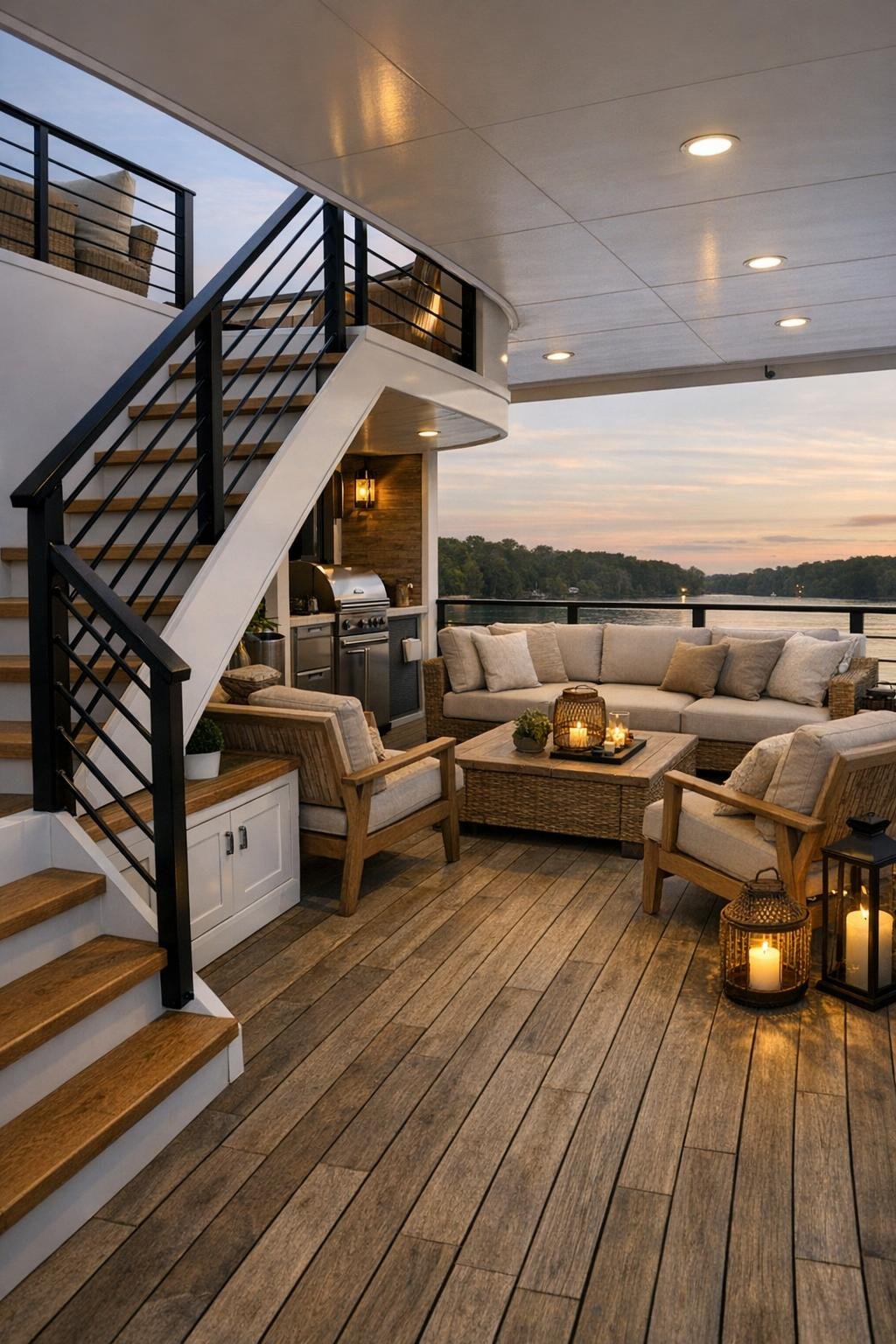 Thoughtful houseboat stair and upper deck lounge area