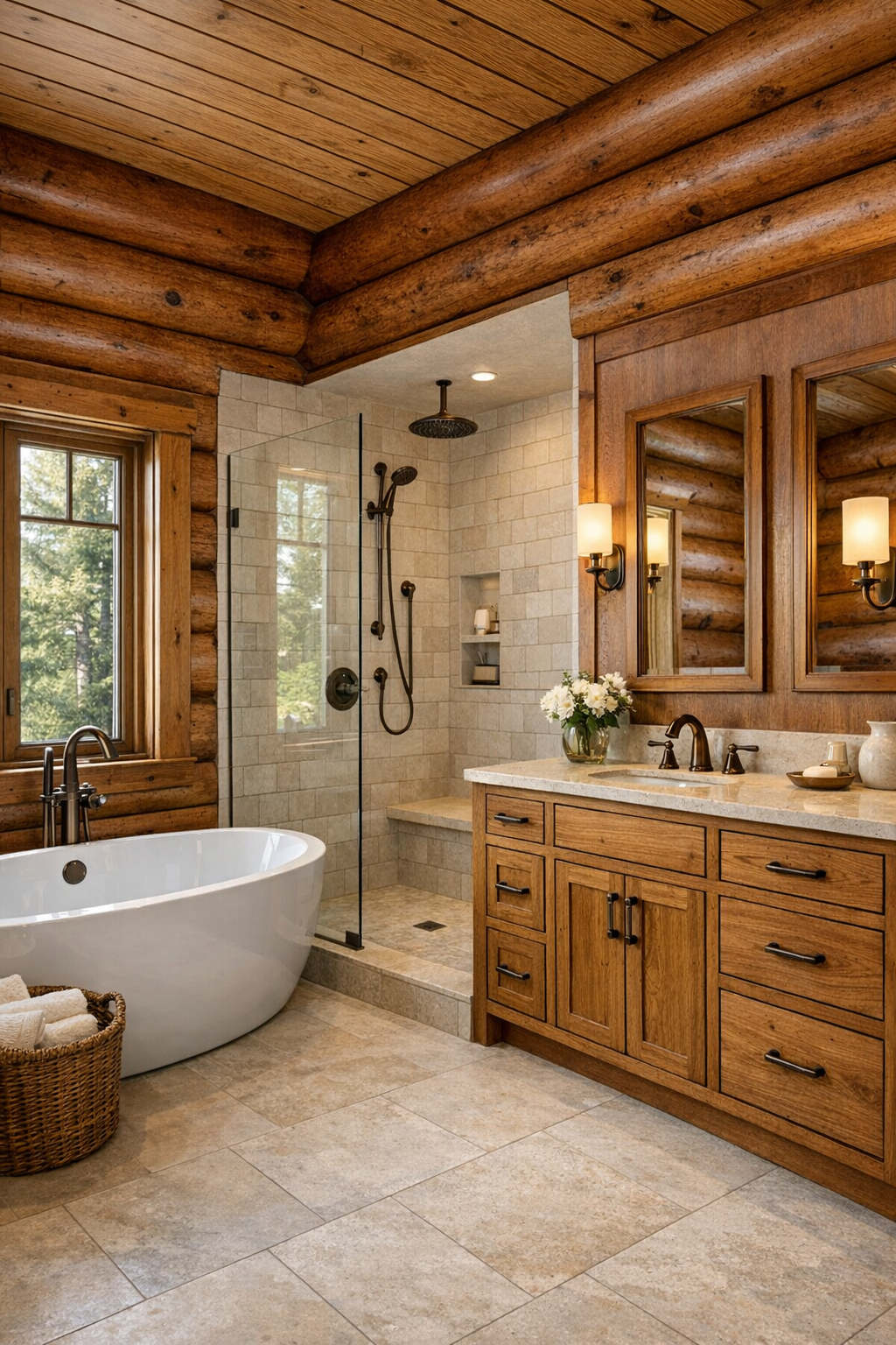 Warm rustic bathroom with freestanding tub and pale stone finishes