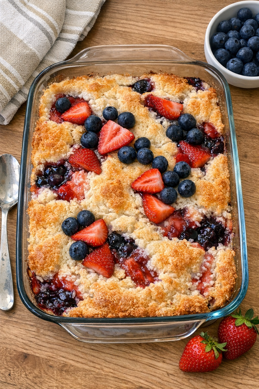 Baked angel food cake berry dessert in a glass casserole dish