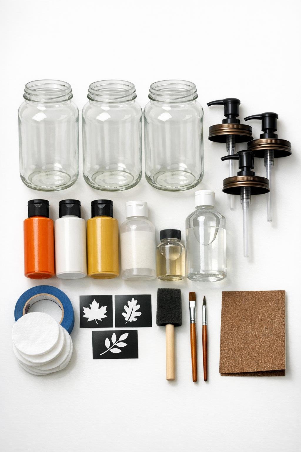 Materials for three autumn soap pump jars laid out on a table