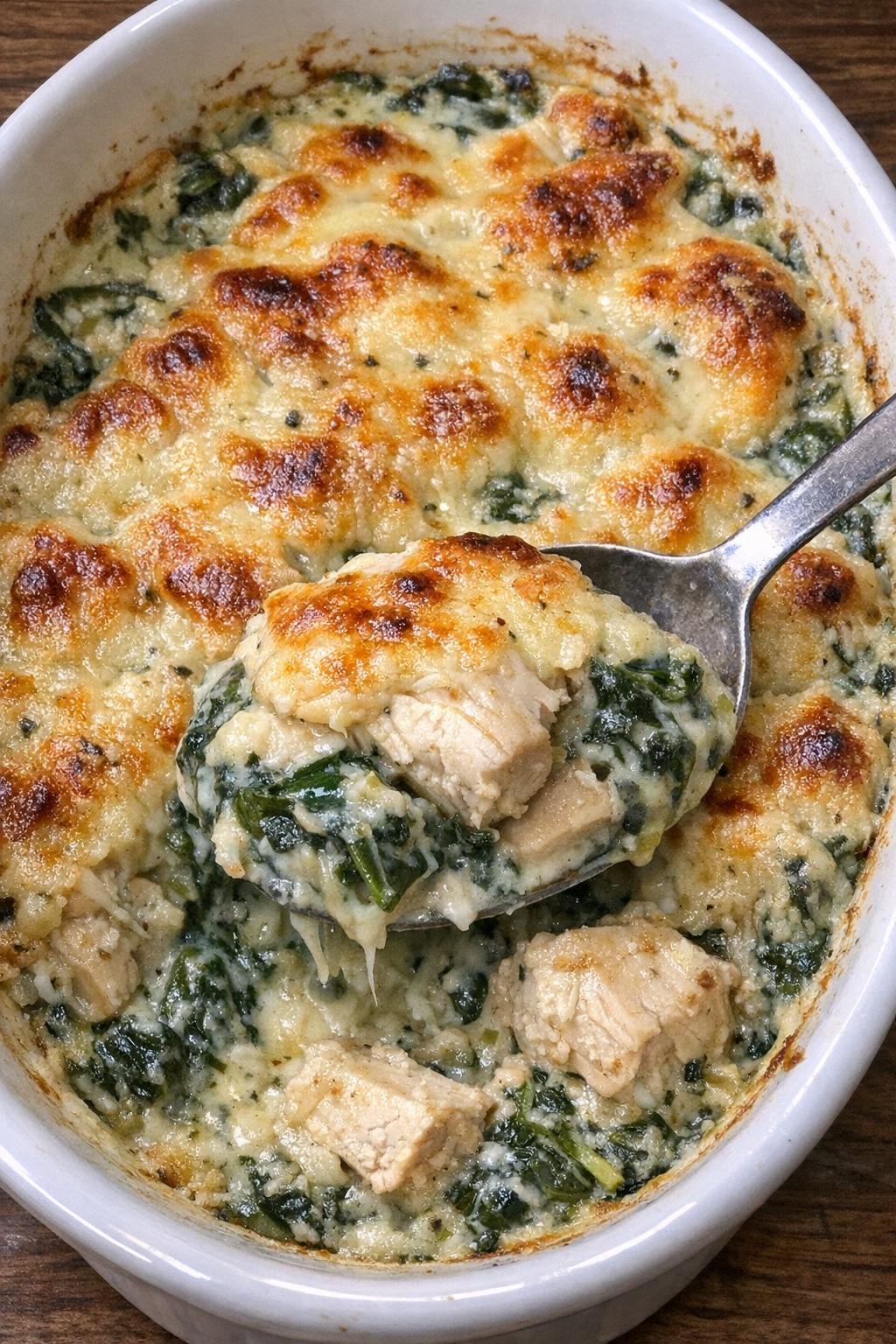 Golden baked chicken florentine casserole in a white oval dish