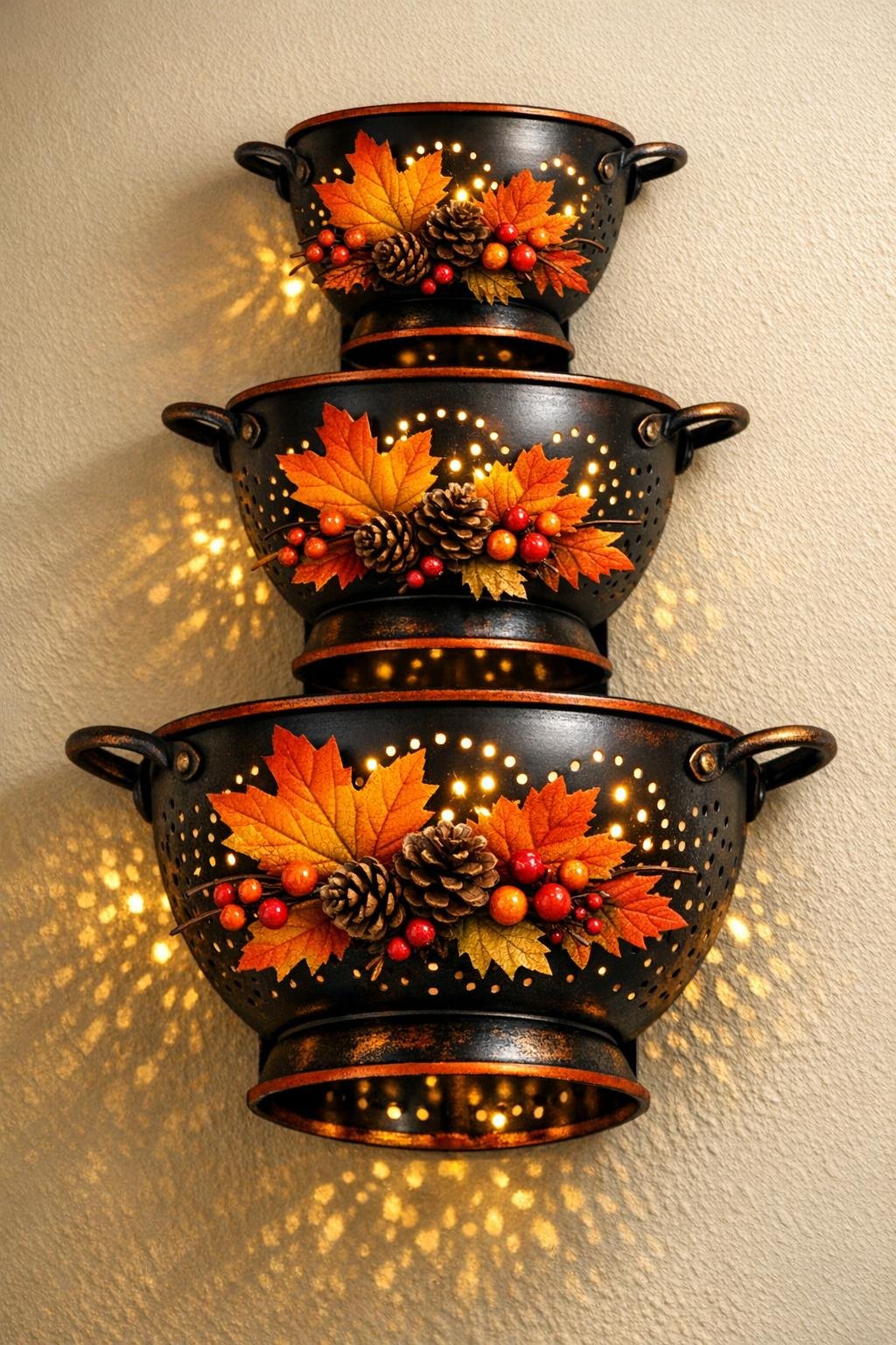 Finished autumn wall sconce set made from old metal colanders