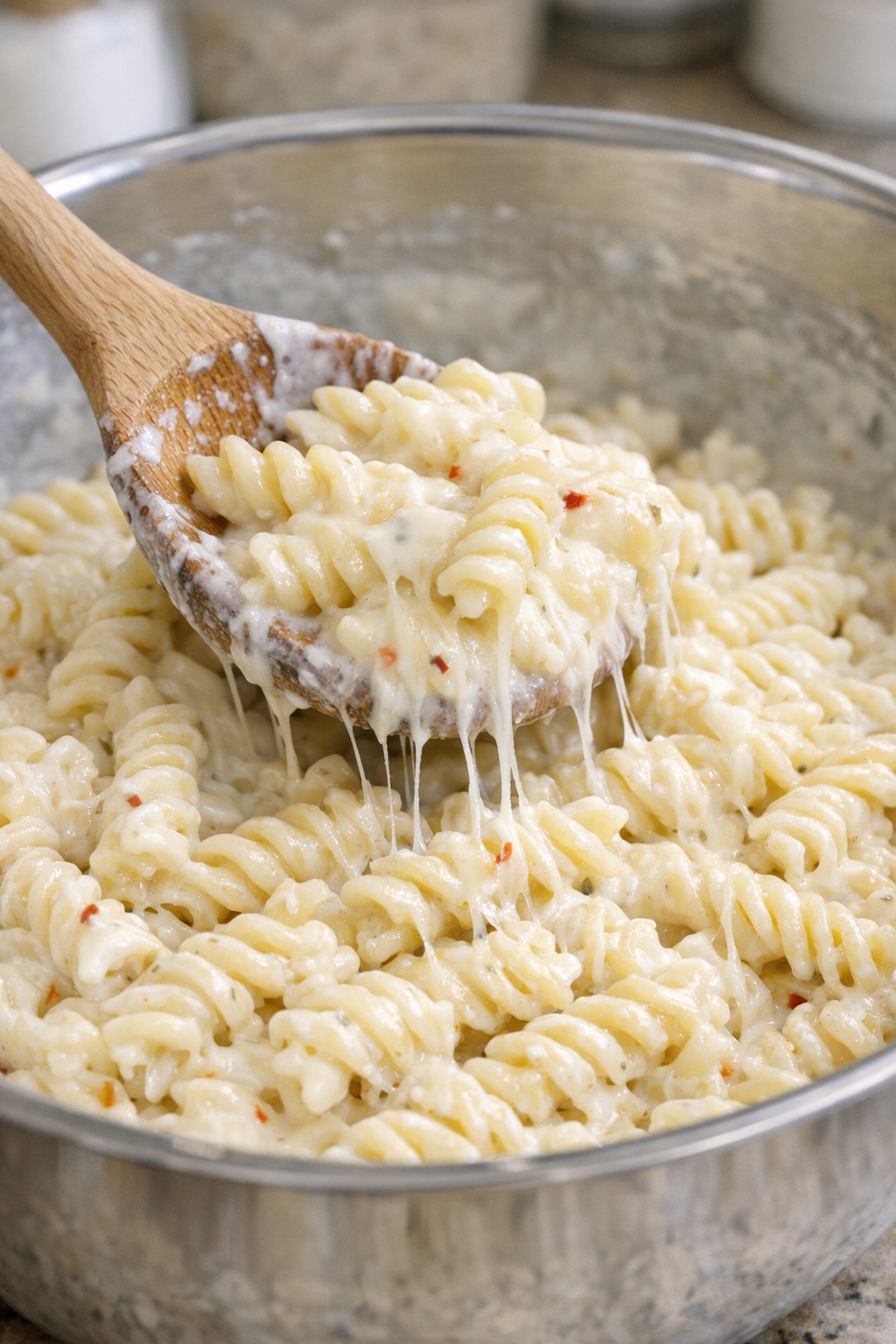 Rotini mixed with Alfredo sauce and pepper jack cheese
