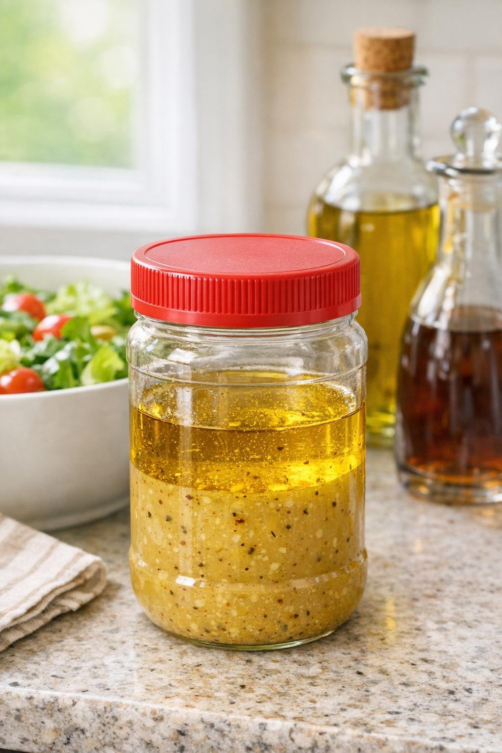 Plastic peanut butter jar used as a salad dressing shaker