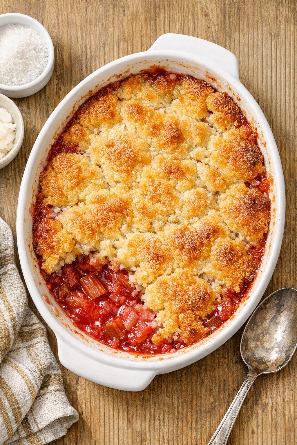 Baked rhubarb dessert in a casserole dish