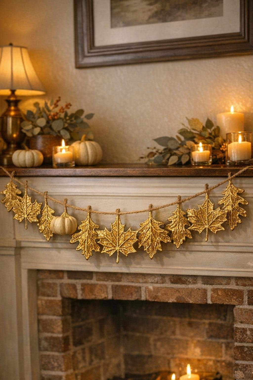 Finished gilded filigree leaf garland hanging on a mantel for fall decor