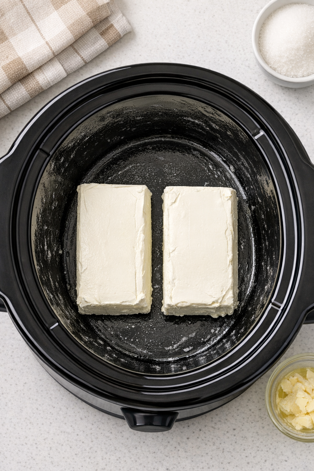 Cream cheese blocks placed in the slow cooker