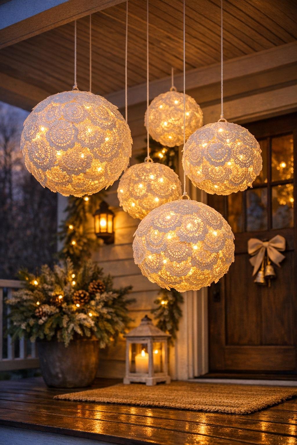 Glowing lace snowball porch lanterns hanging in a porch cluster