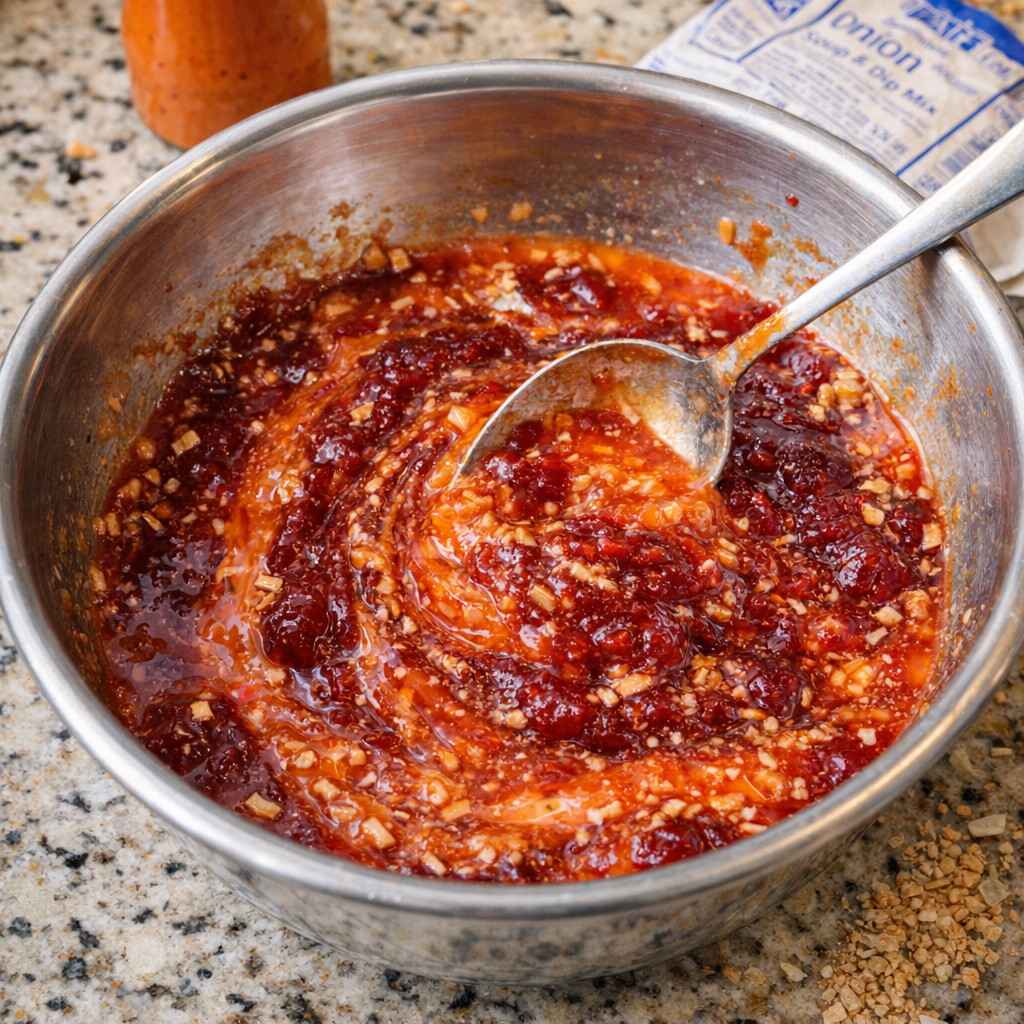 Cranberry sauce mixture being stirred in a mixing bowl