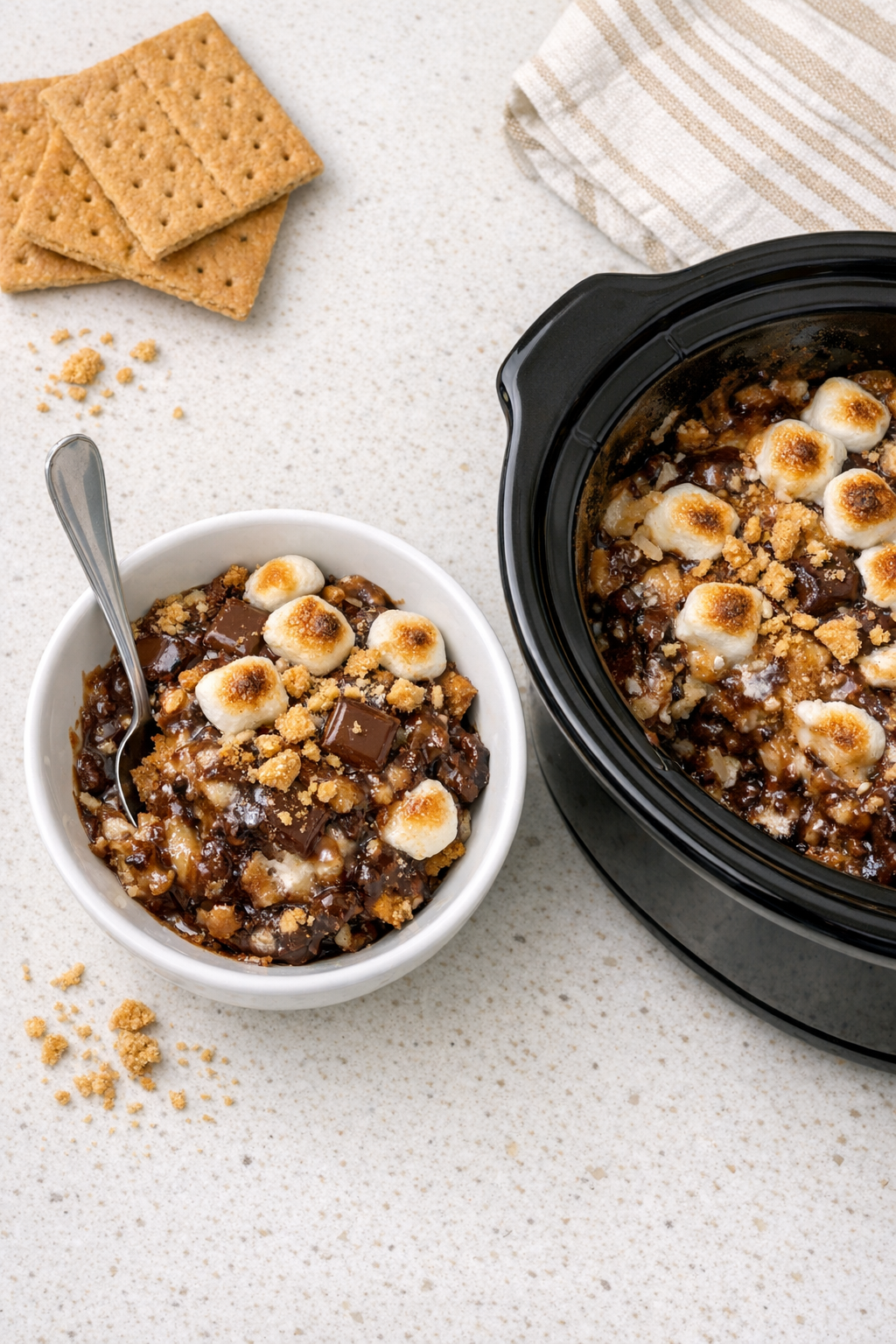 Finished slow cooker graham cracker chocolate marshmallow dessert