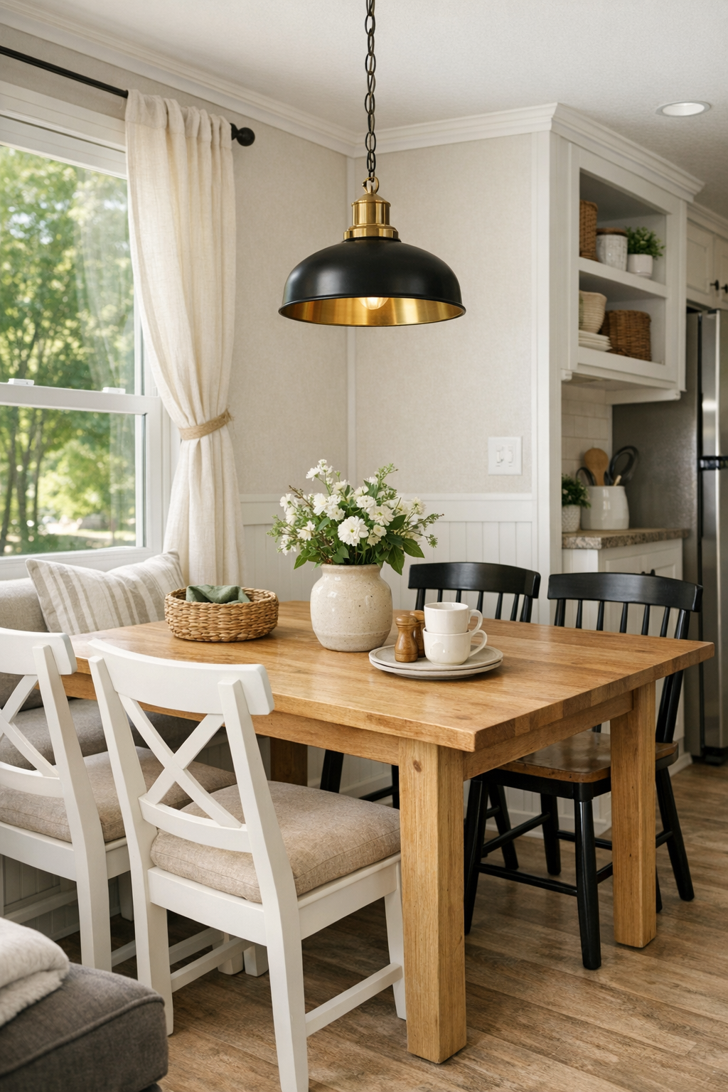 Cozy dining area with a small wood table, simple chairs, and soft cottage details