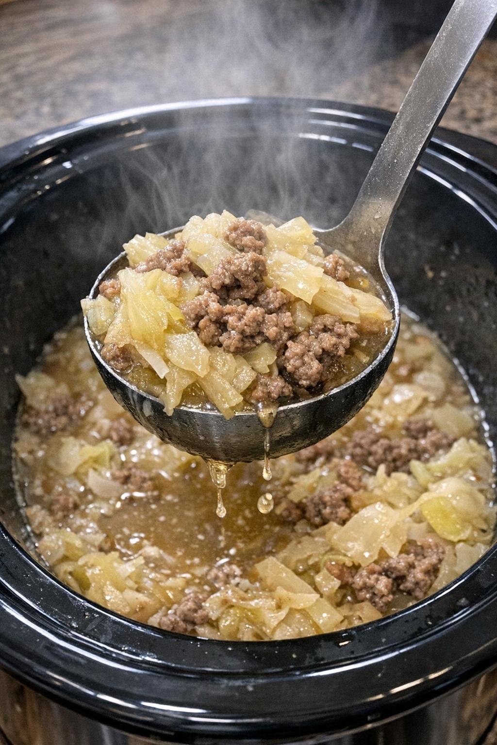 Tender cabbage and ground beef in a slow cooker