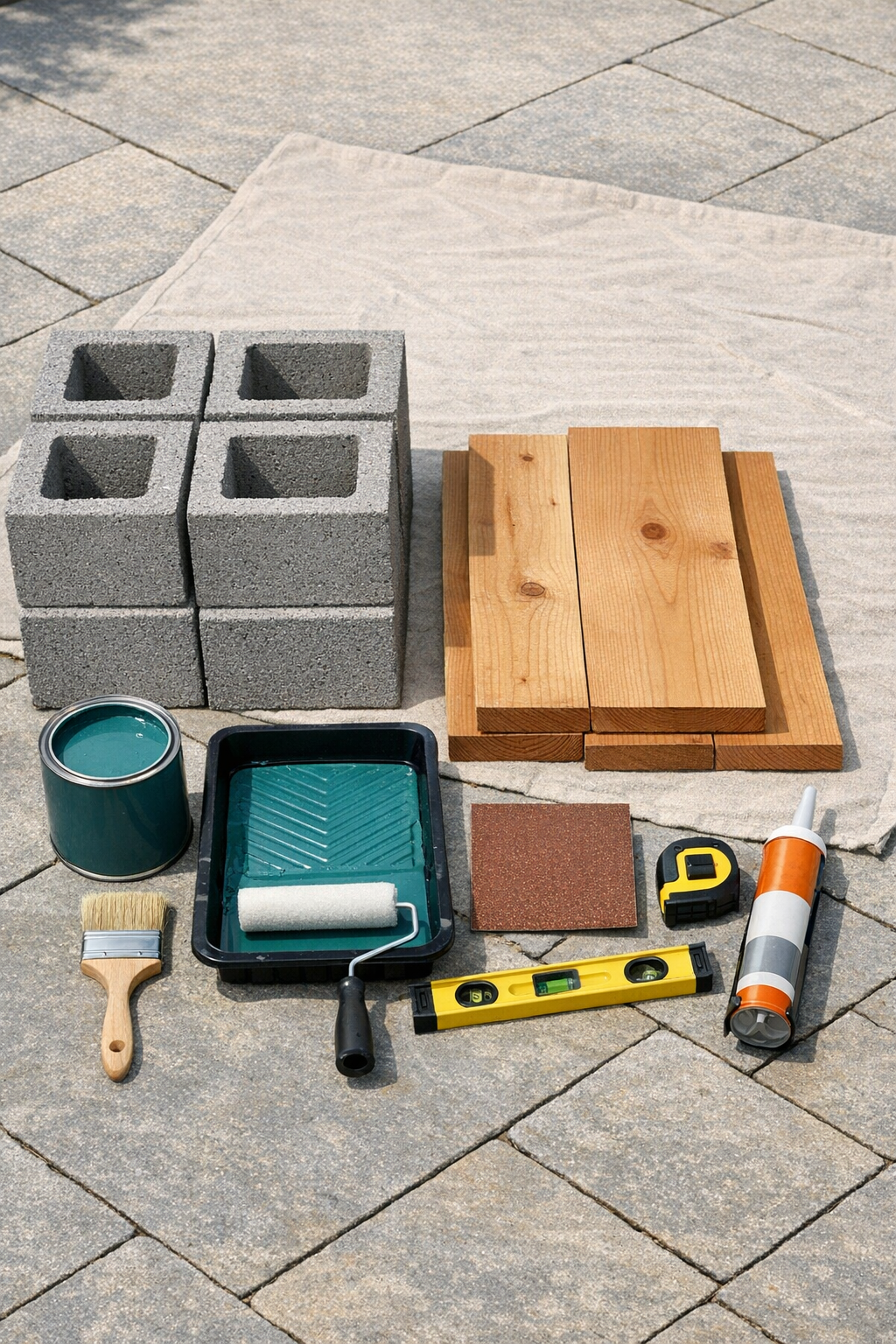 Painted cinder blocks, cedar planks, paint, brushes, sandpaper, and basic tools laid out neatly