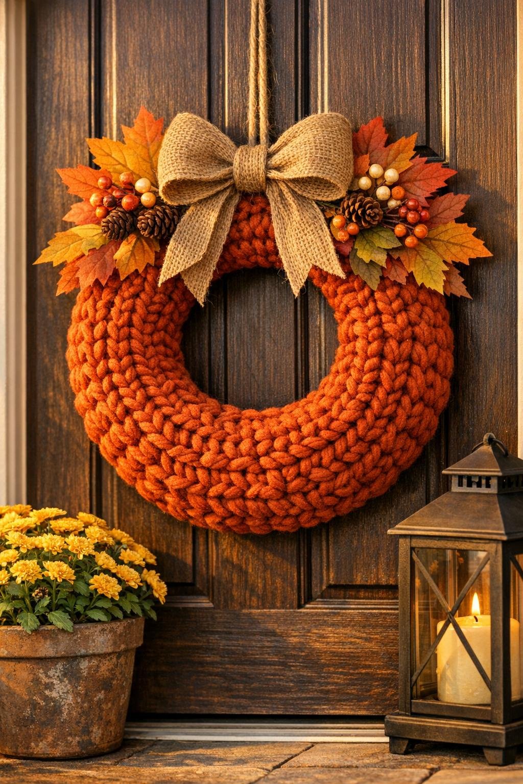 Finished crochet porch wreath made from a plastic serving bowl