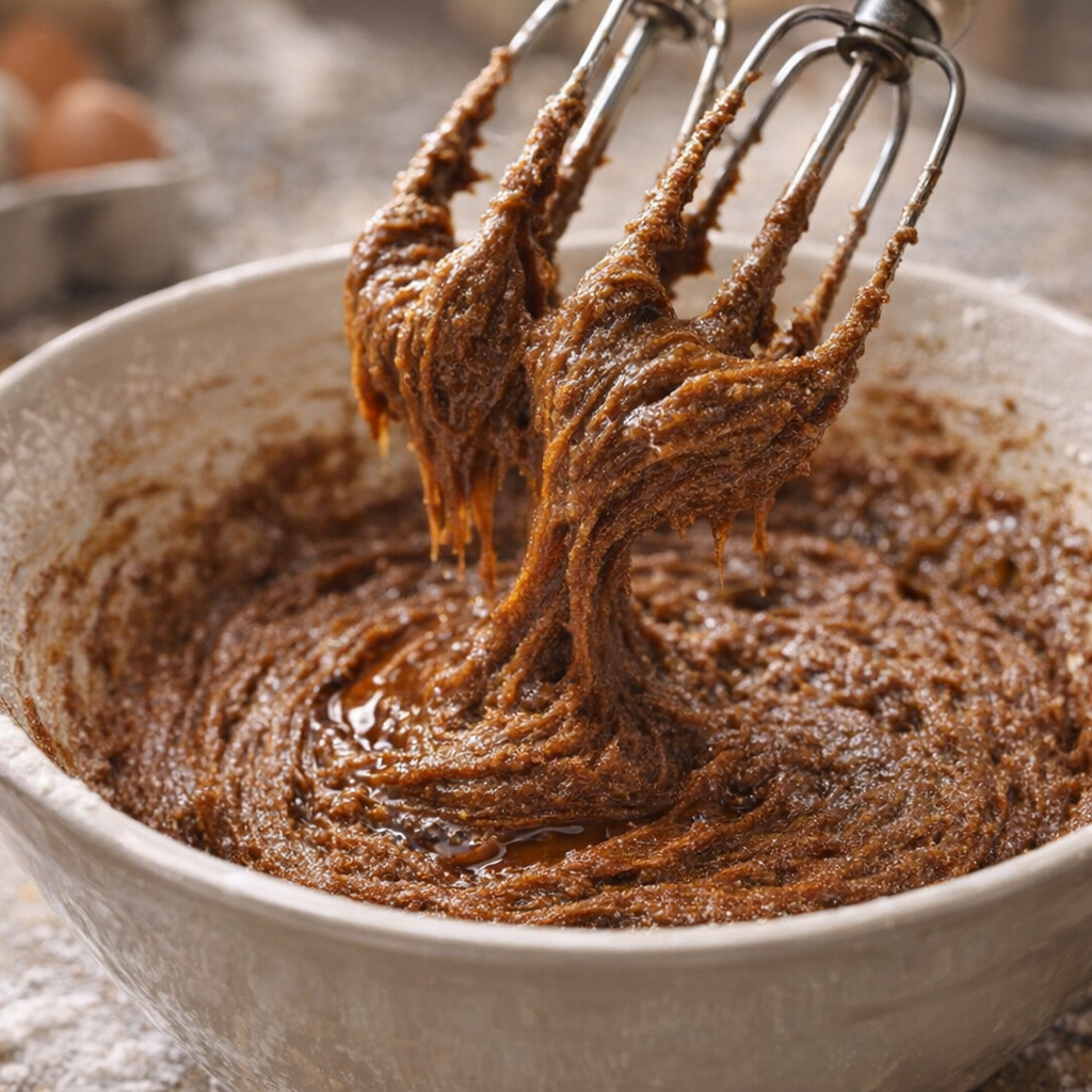 Molasses cookie dough being mixed in a large bowl