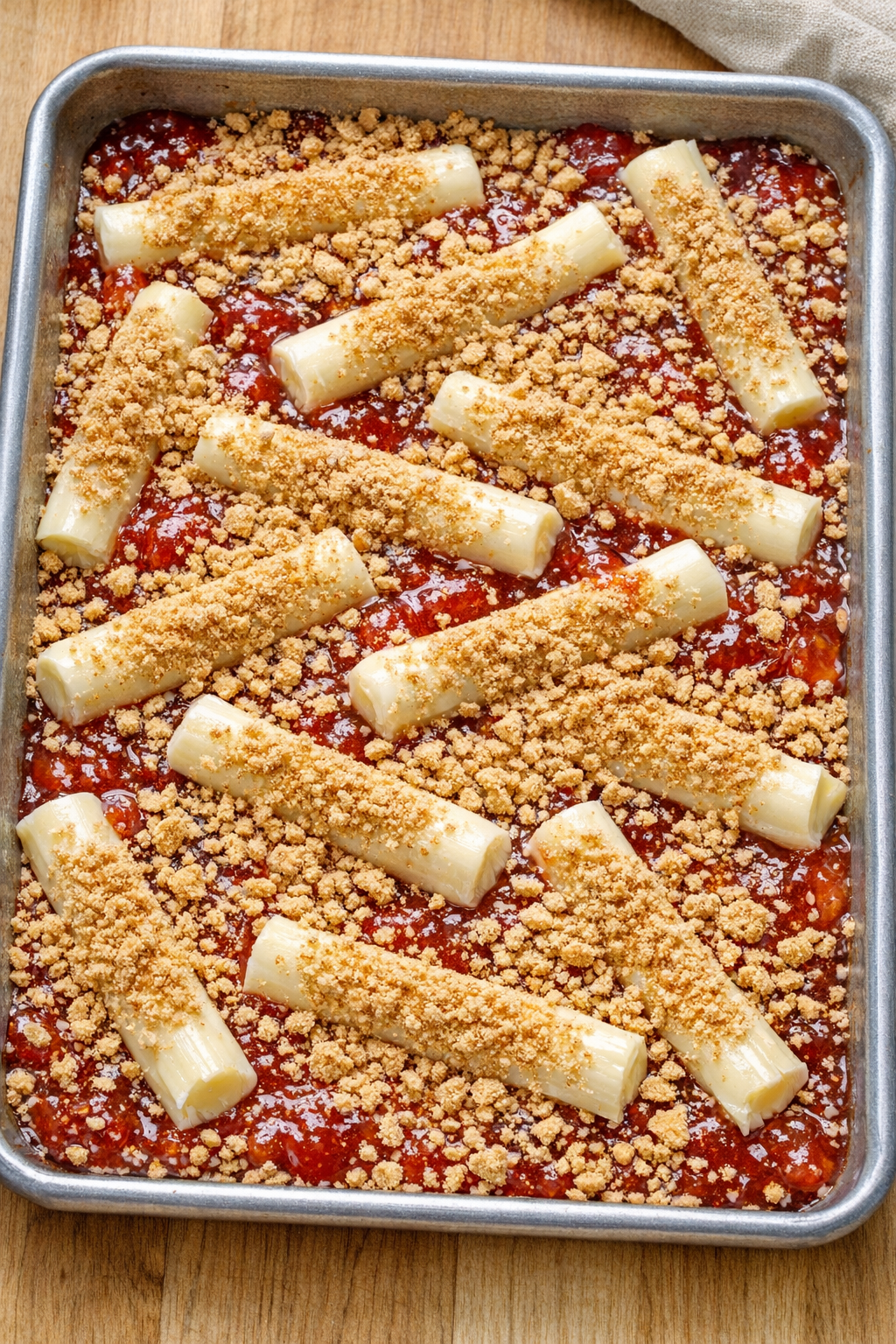 Dessert bake ready for the oven with graham cracker crumbs