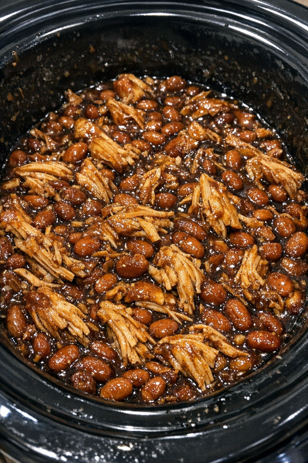 Slow cooker Amish chicken and baked beans in a black slow cooker