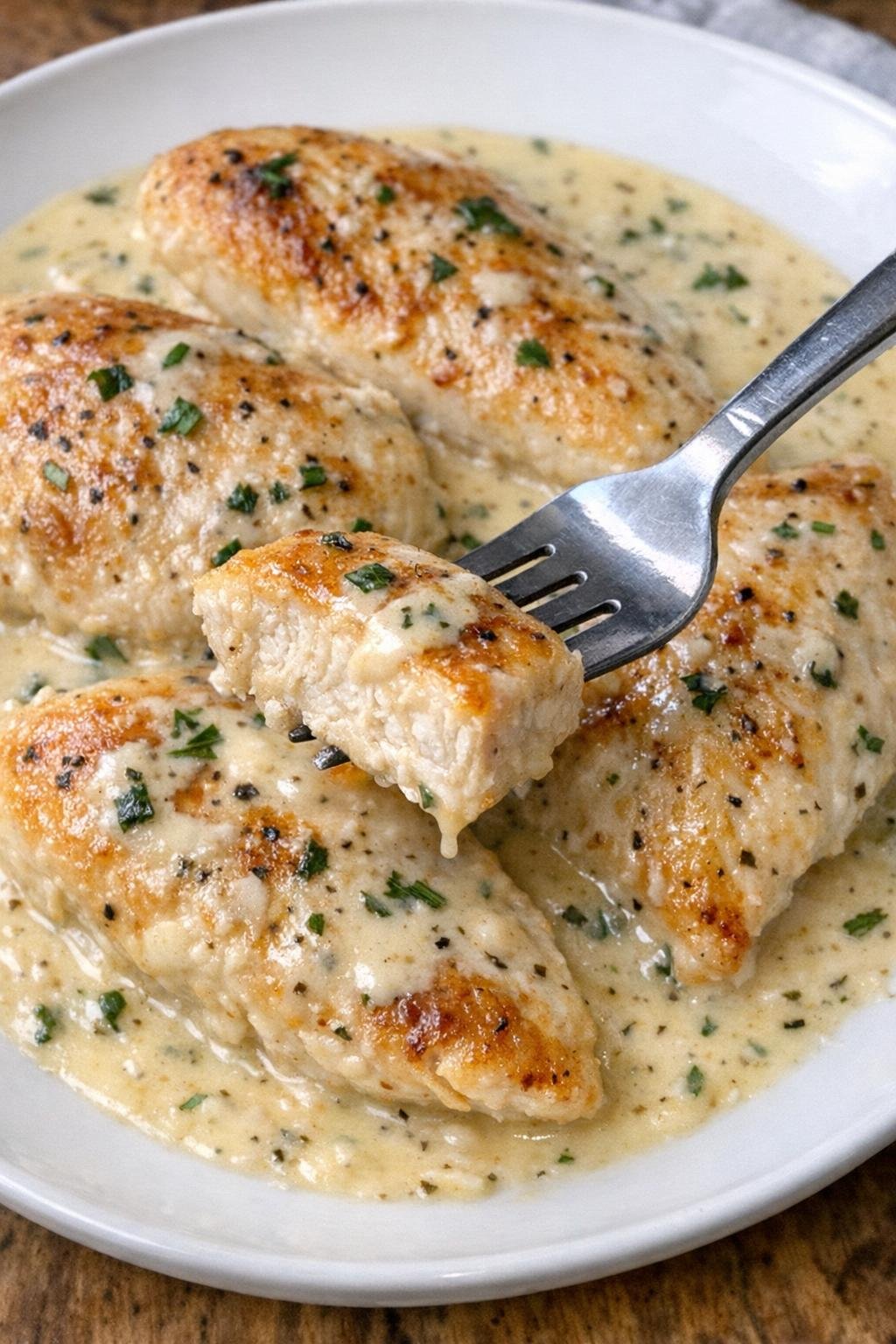 Tender golden seared chicken breasts in herb cream sauce on a white plate