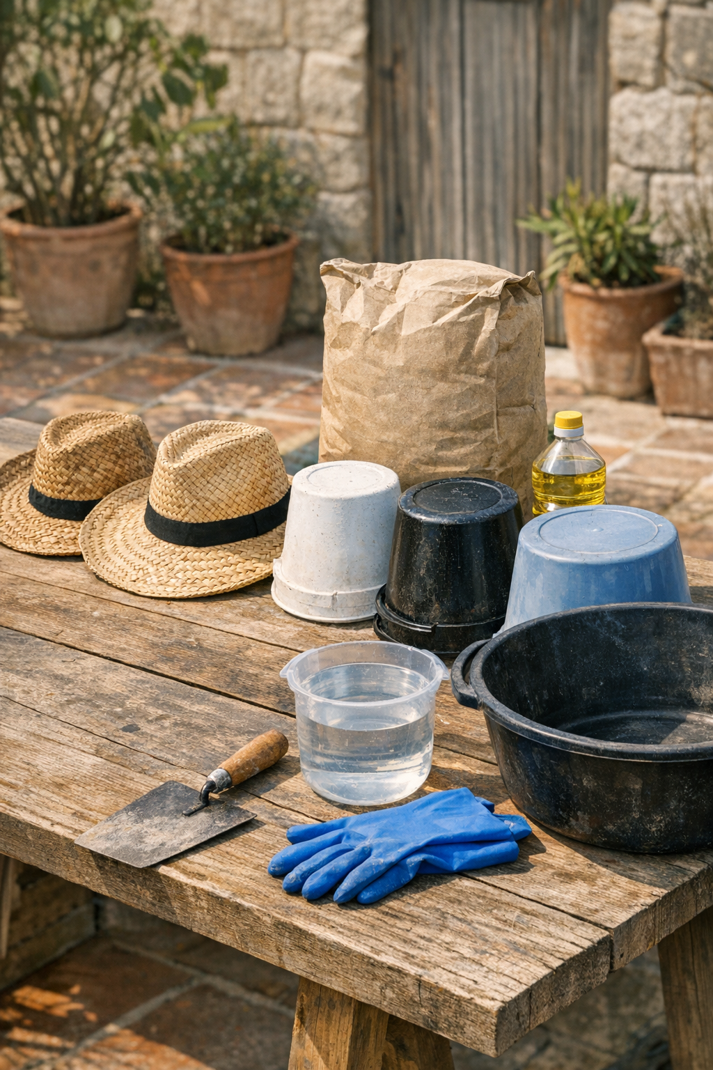 Materials laid out for making cement draped patio forms
