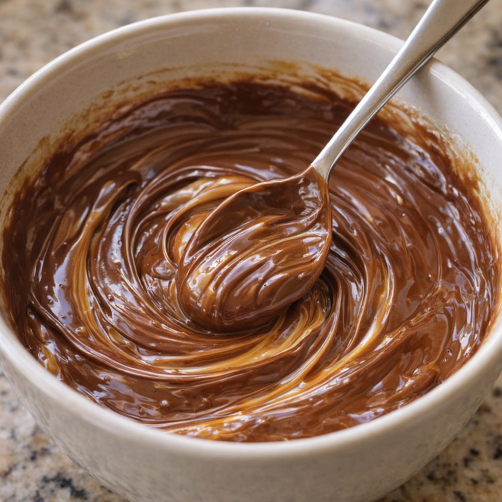 Glossy melted chocolate and peanut butter in a bowl