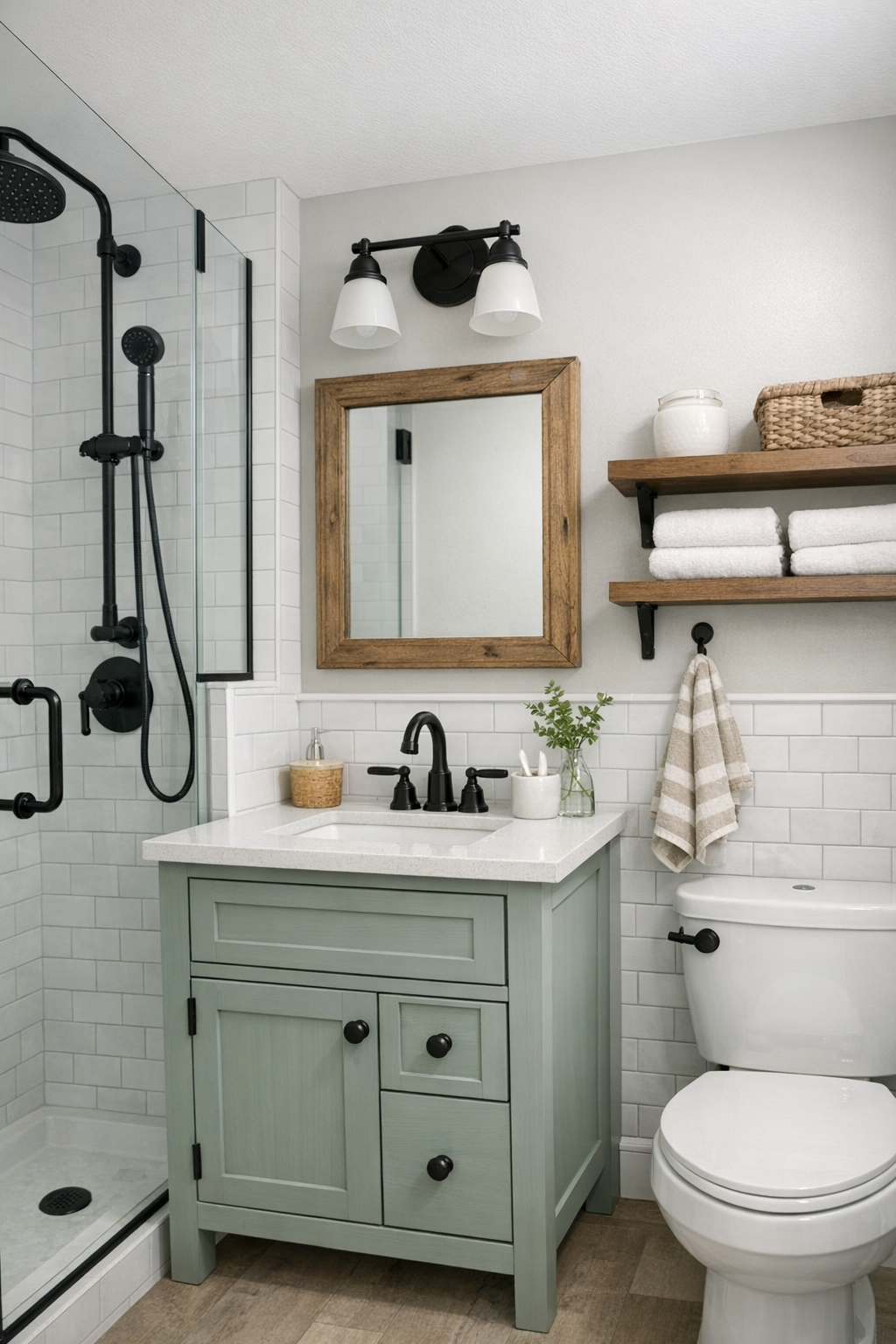 Bright compact farmhouse bathroom with pale tile and black fixtures