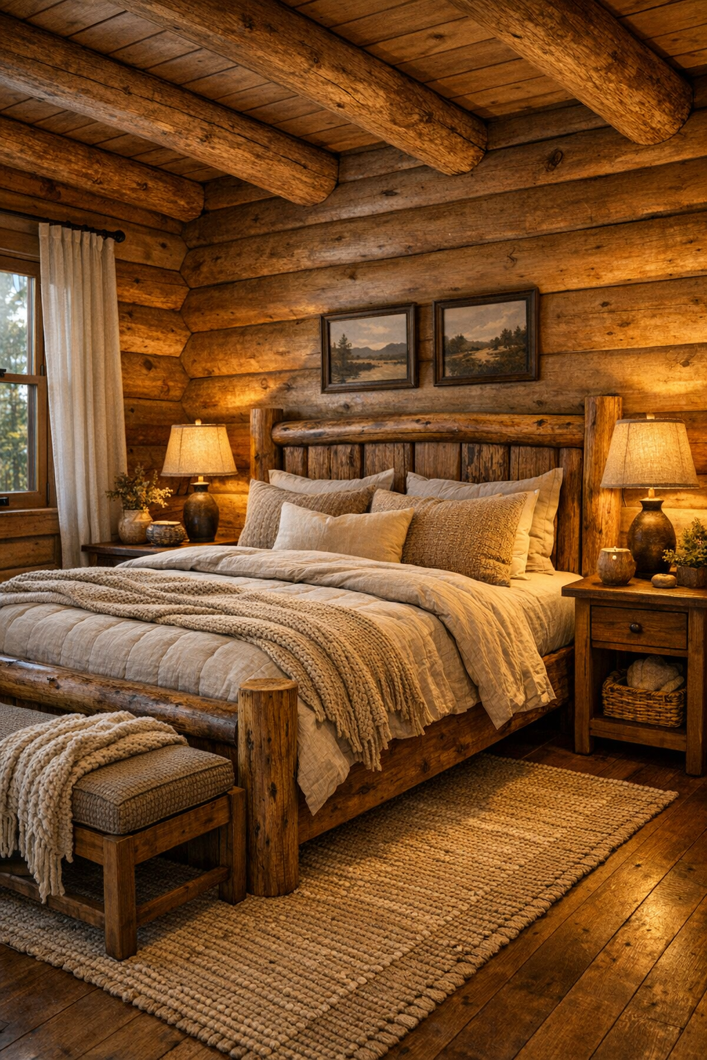 Cozy log home bedroom with handcrafted wood bed, soft neutral bedding, and warm lamplight
