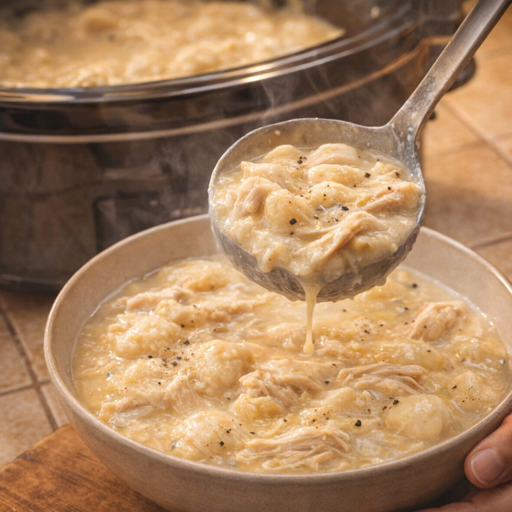 Finished chicken and dumplings ladled into a bowl