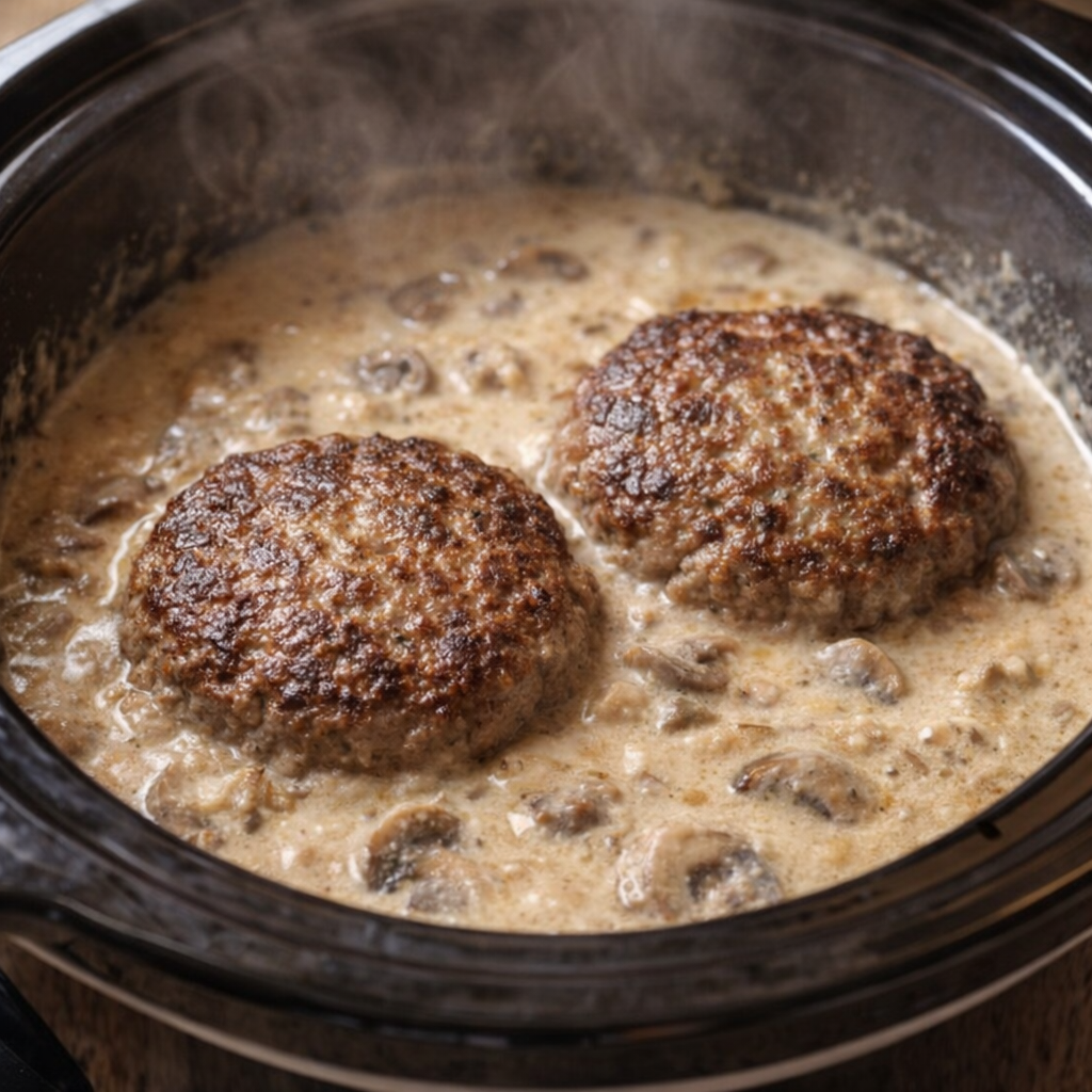 Cooked patties in mushroom gravy inside slow cooker