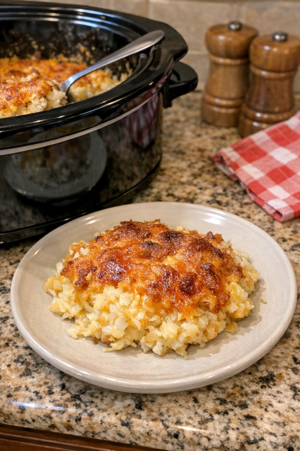 Finished cheesy hash brown casserole plated from the slow cooker