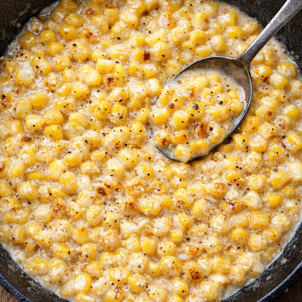 Finished skillet corn topped with black pepper