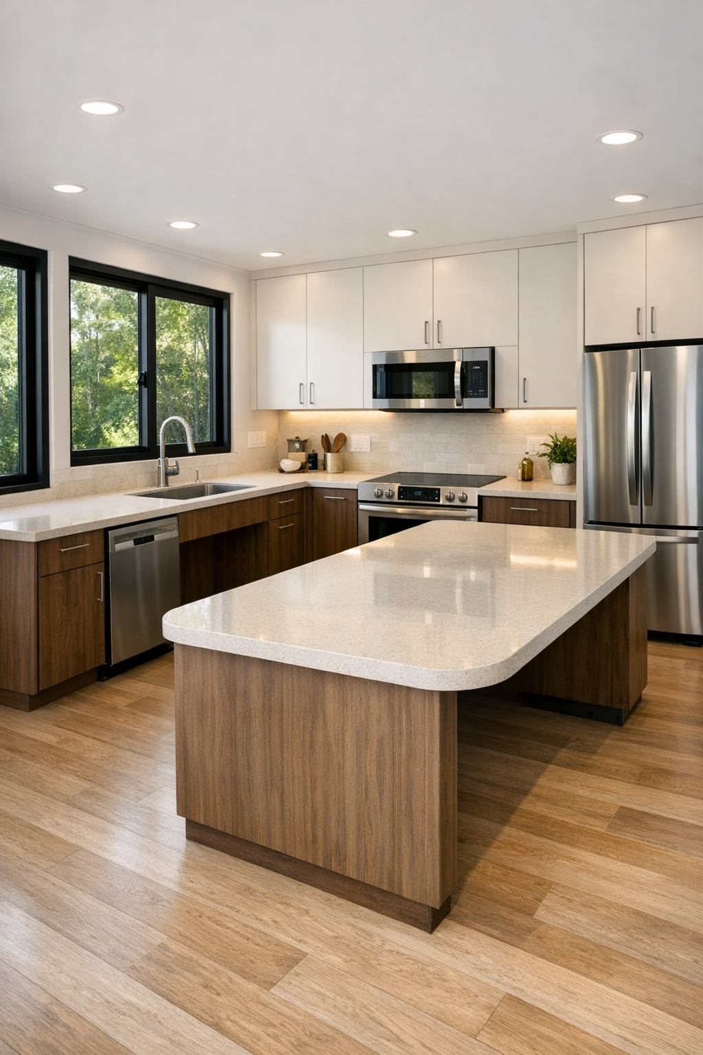 Modern accessible kitchen with mocha cabinetry, quartz counters, and open circulation