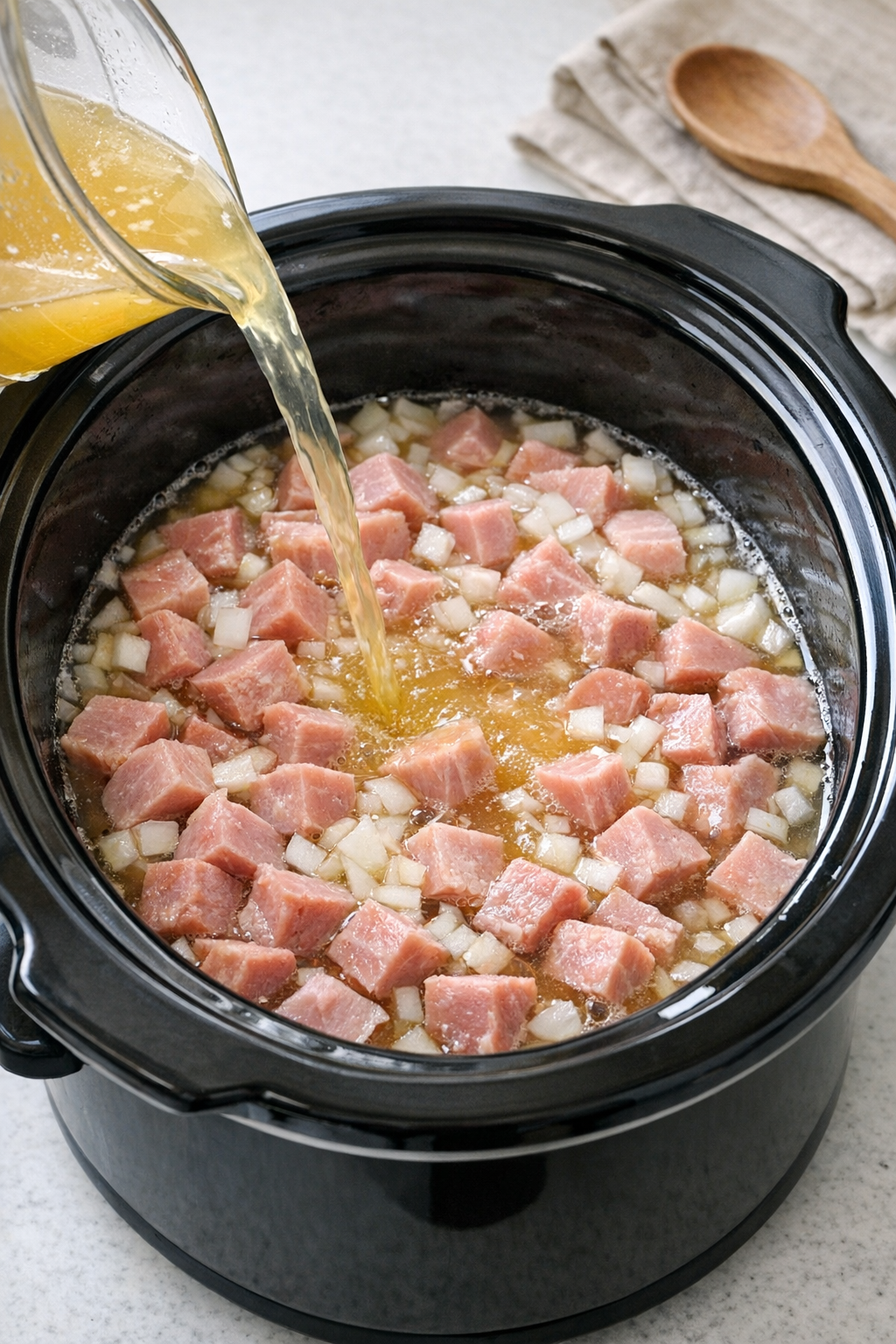 Ham and onion covered with broth in the slow cooker