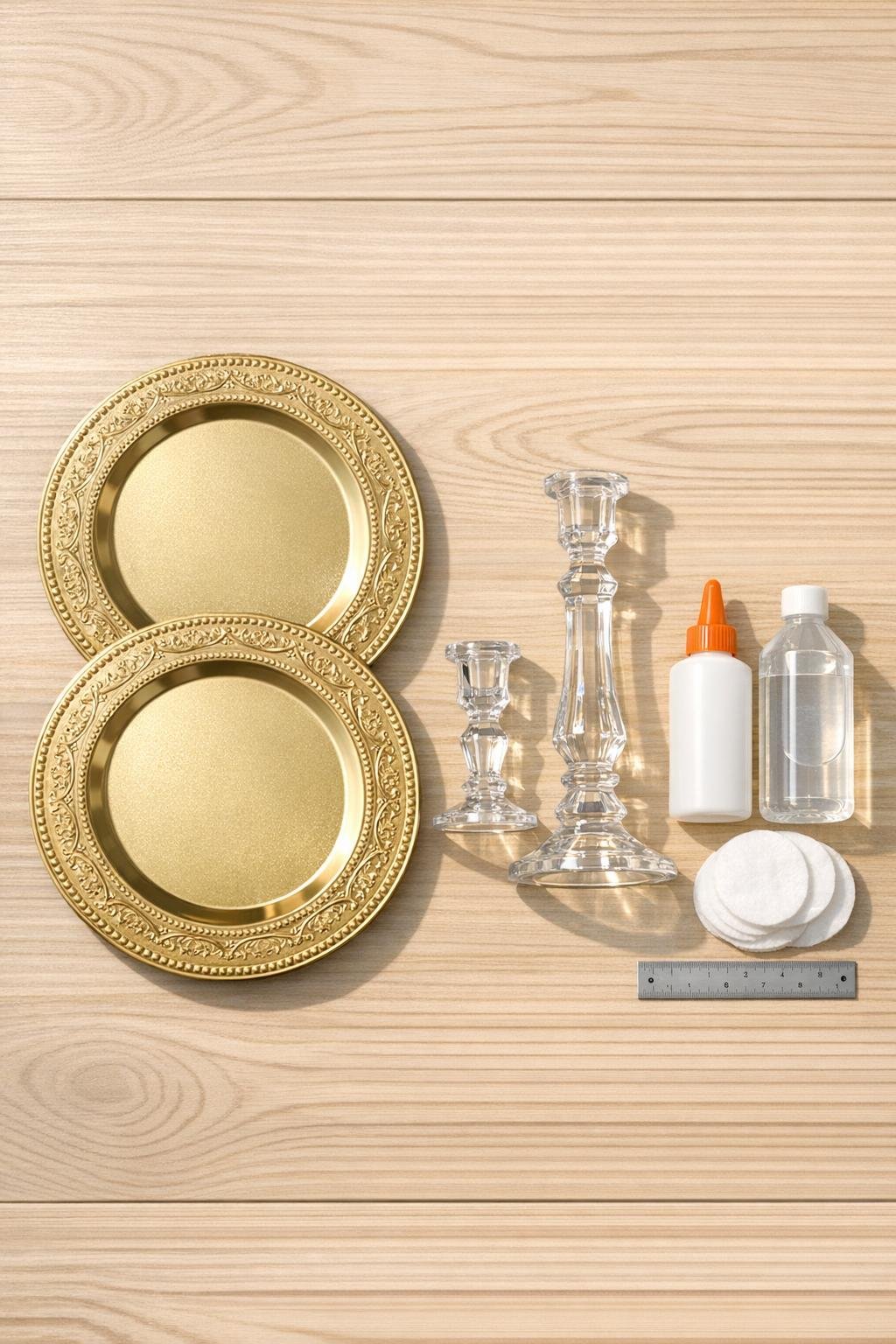 Materials for a two-tier stand laid out on a table