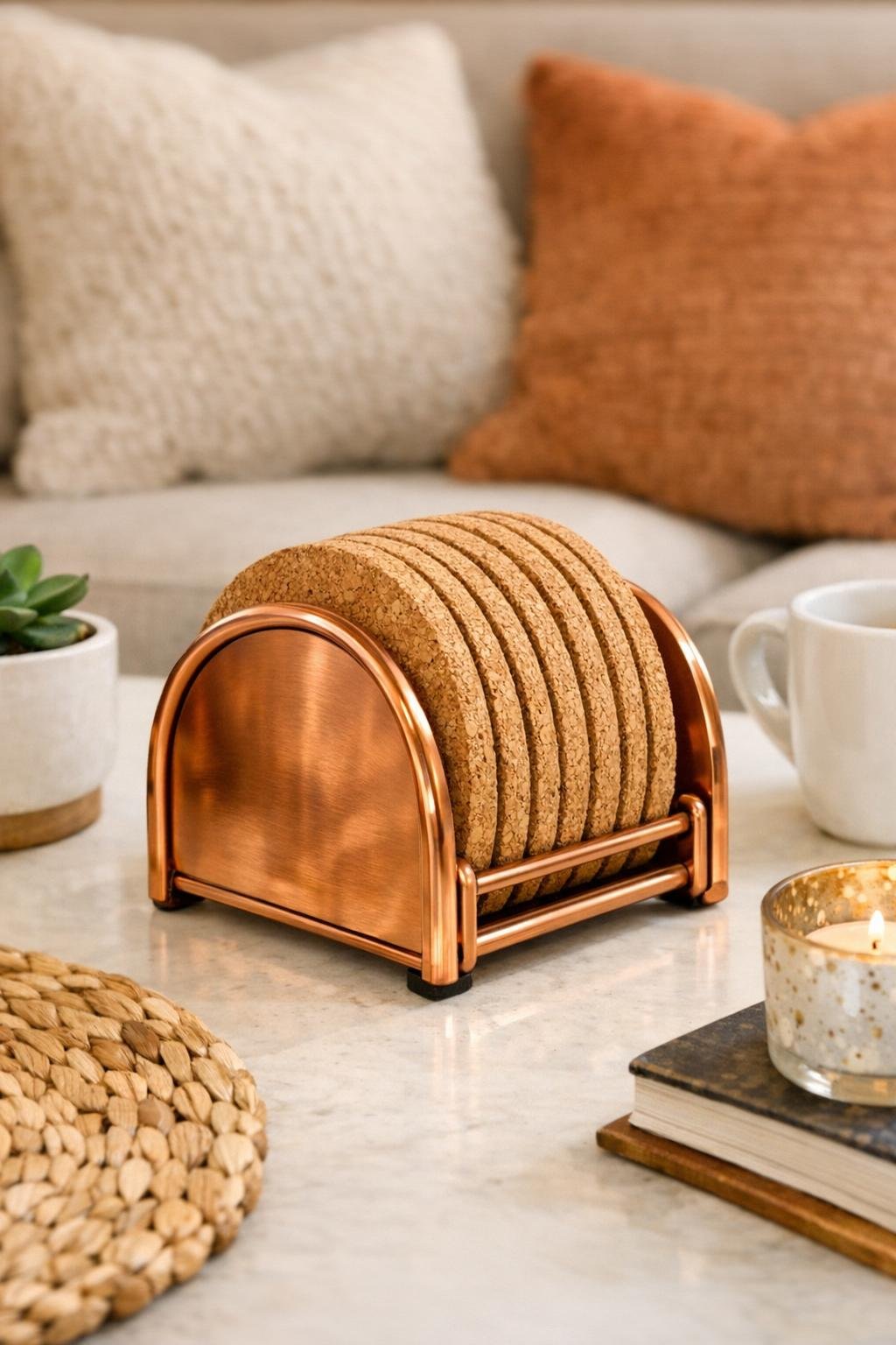 Finished copper napkin holder turned sideways and filled with cork coasters on a living room table